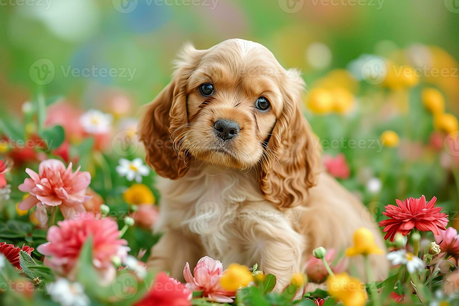 AI generated American cocker spaniel puppy very cute eyes with flowers photo