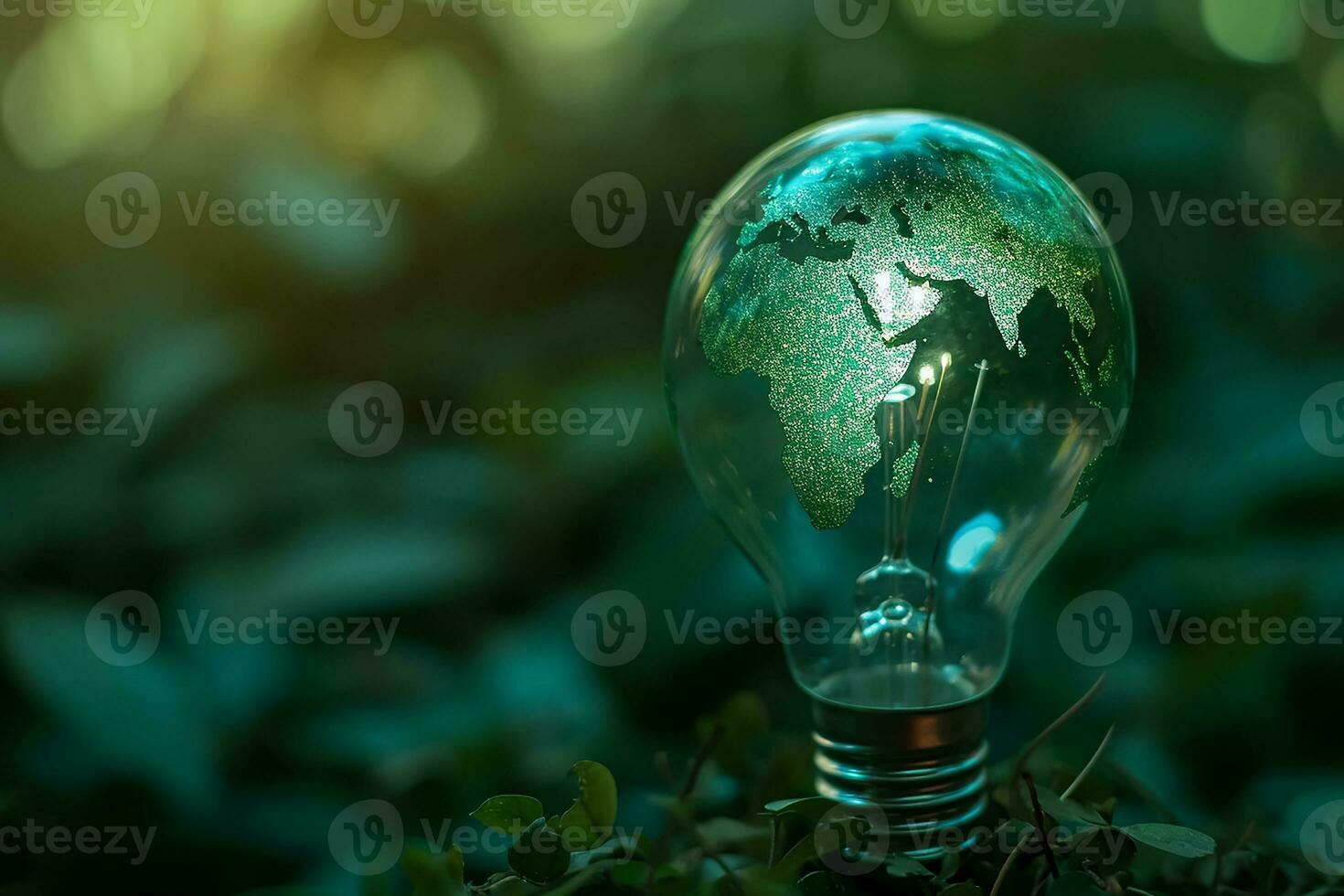 AI generated Green World Map Print On The Light Bulb With Green Theme photo