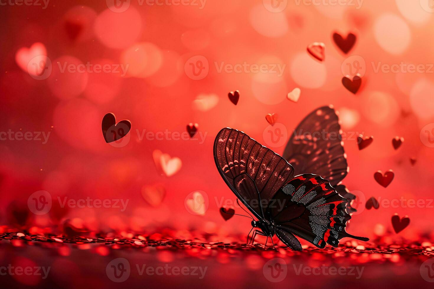 AI generated red color background surrounded by romantic atmosphere of floating Red heart shaped cutout papers photo