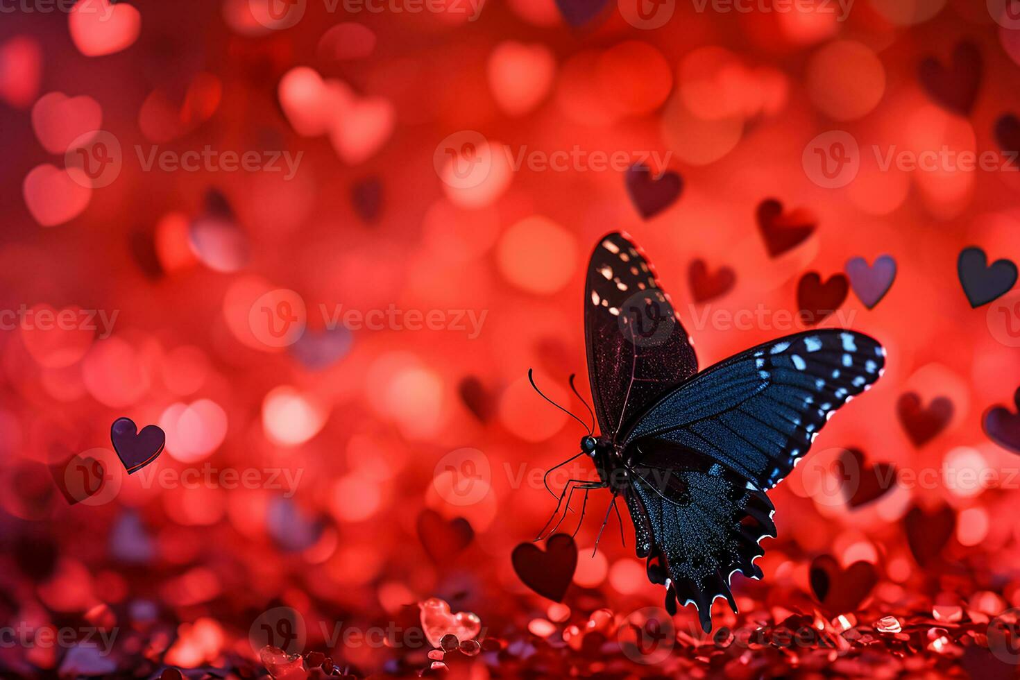 AI generated red color background surrounded by romantic atmosphere of floating Red heart shaped cutout papers photo