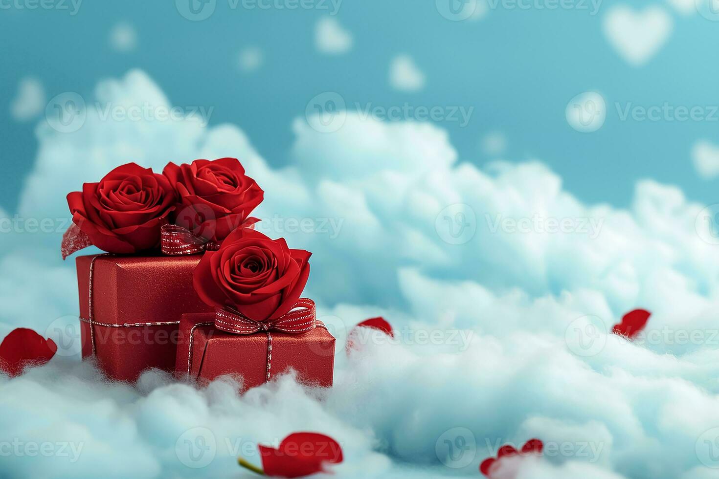 AI generated Red gifts with rose flowers on sky blue clouds, Happy valentine day concept photo