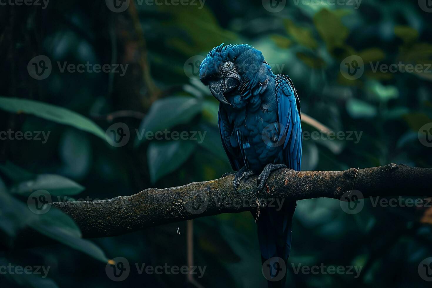 AI generated Big blue Ara ararauna in the dark green forest photo