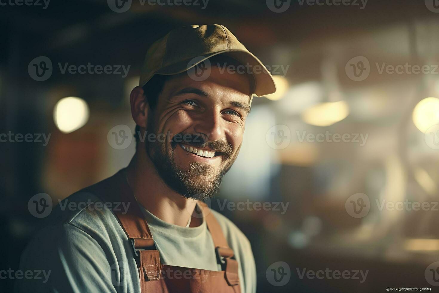 AI generated A happy plumber man and blurry background, closeup photo