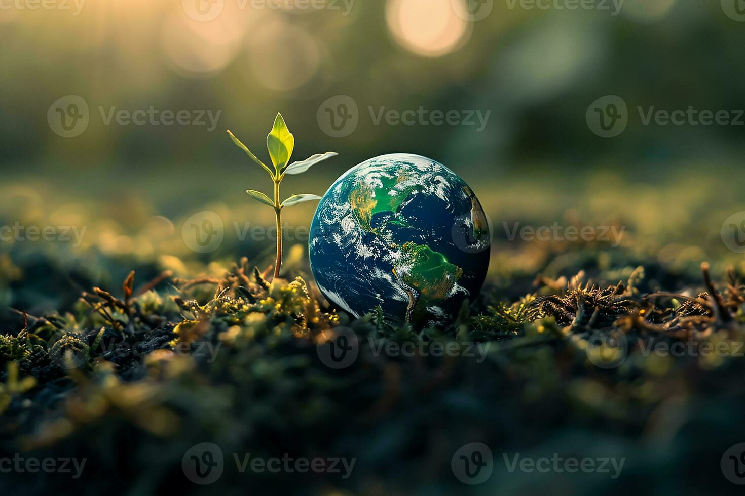 AI generated Global Earth On Soil In Forest With Ferns And Sun Shine photo