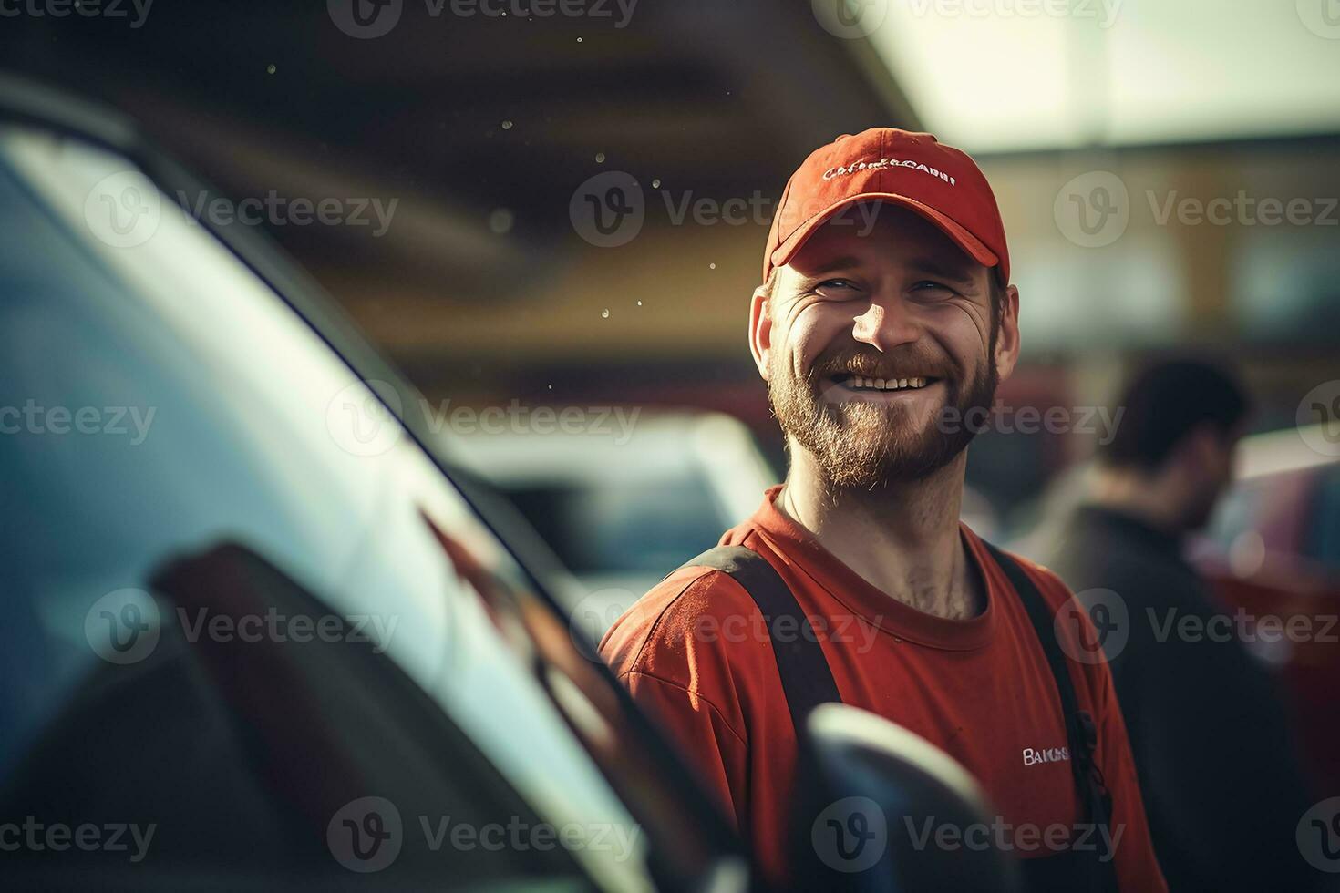 AI generated A happy car cleaner man side face, blurry background, closeup photo
