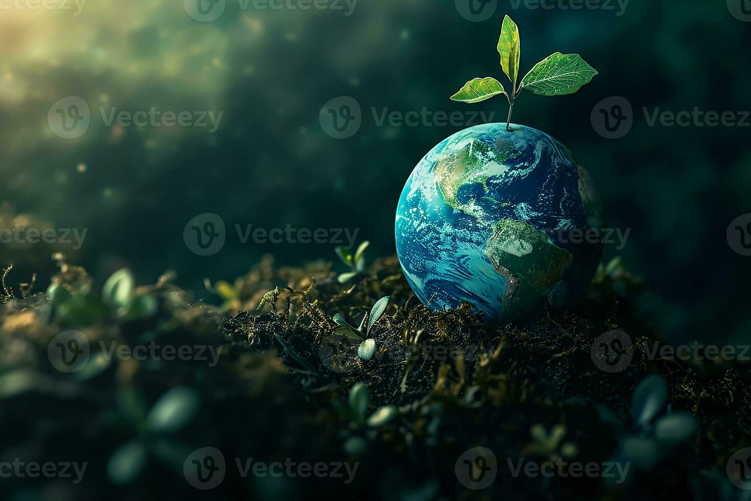 AI generated Global Earth On Soil In Forest With Ferns And Sun Shine photo