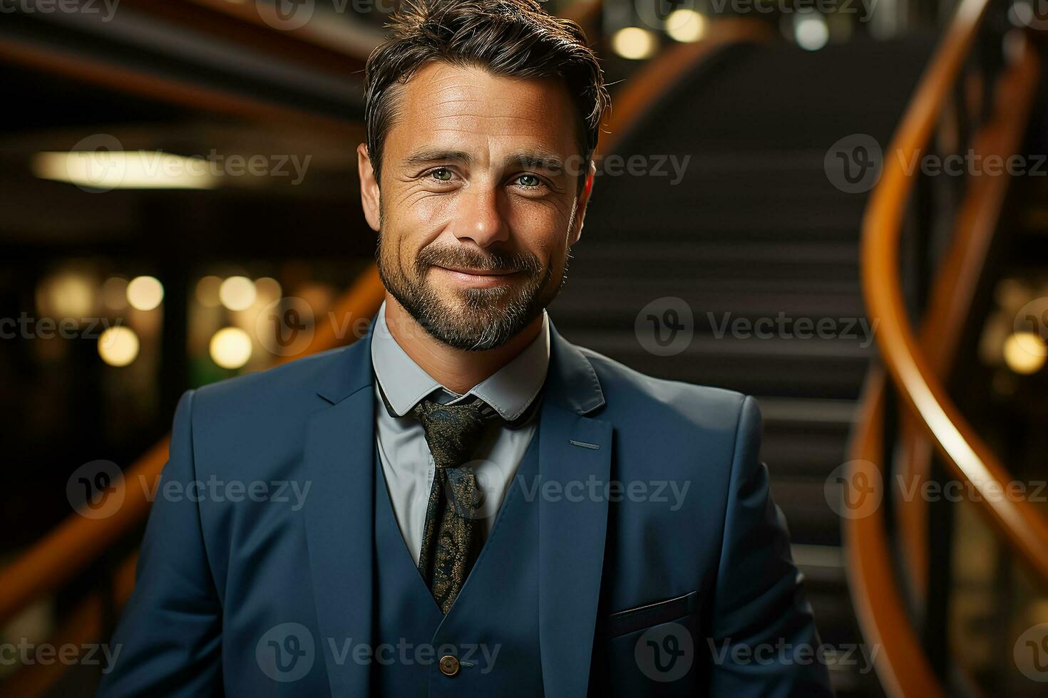AI generated A happy business man stand on a stairs photo