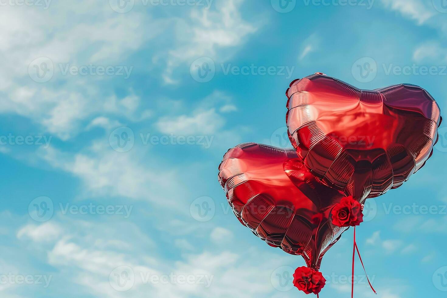 AI generated Red heart shaped foil air balloons floating on blue cloudy sky, Valentine's Day celebration photo