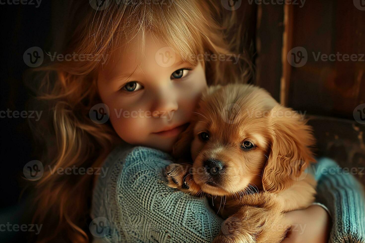 AI generated Little girl with her puppy at home photo