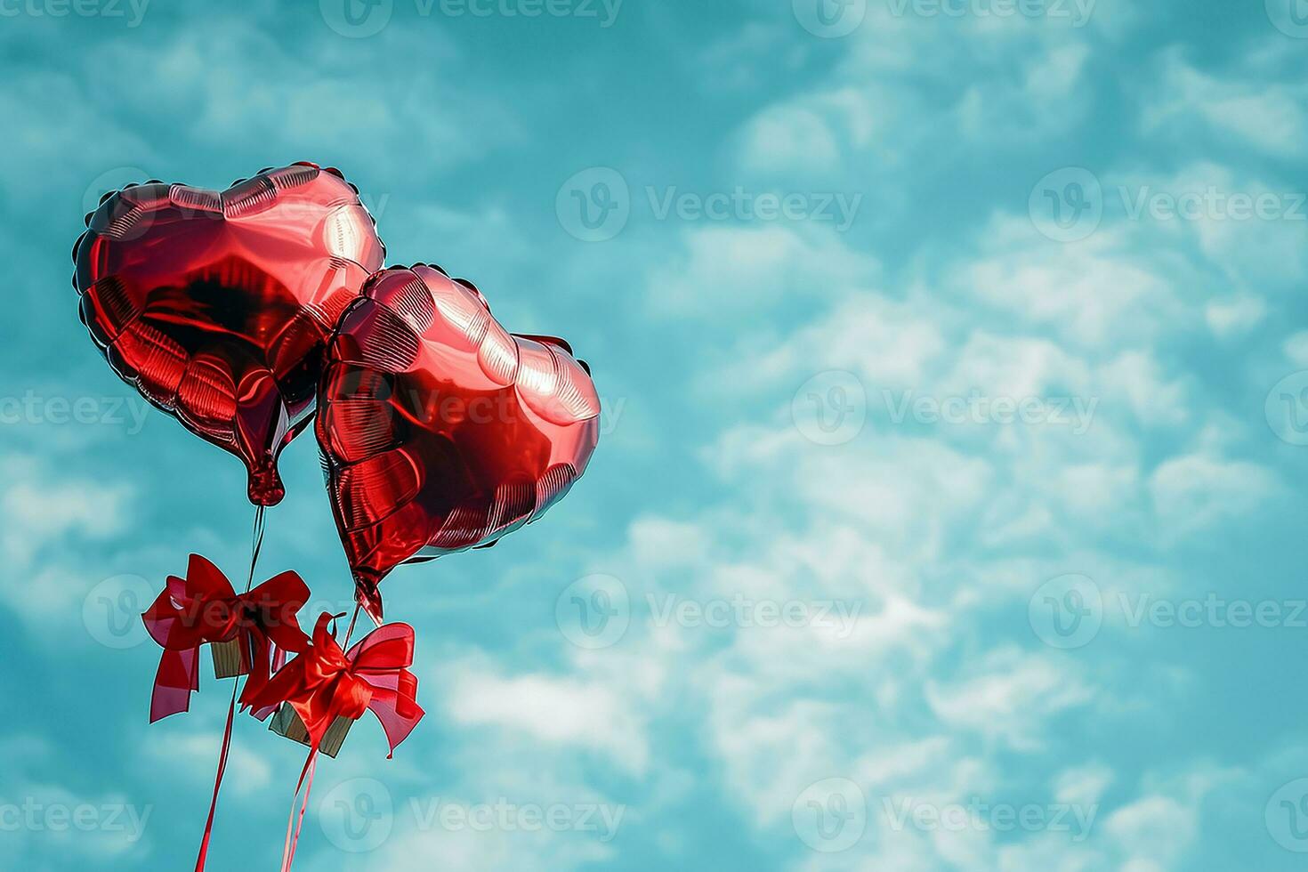 AI generated Red heart shaped foil air balloons floating on blue cloudy sky, Valentine's Day celebration photo