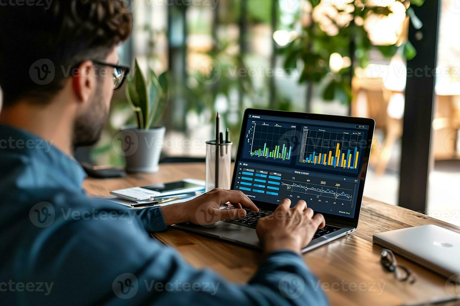 AI generated Businessman or data scientist working on laptop with business dash board analytics chart metrics photo