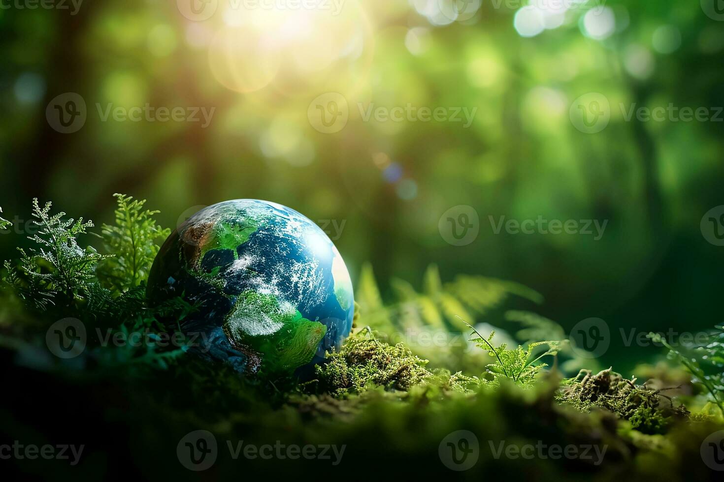 AI generated Global Earth On Soil In Forest With Ferns And Sun Shine photo