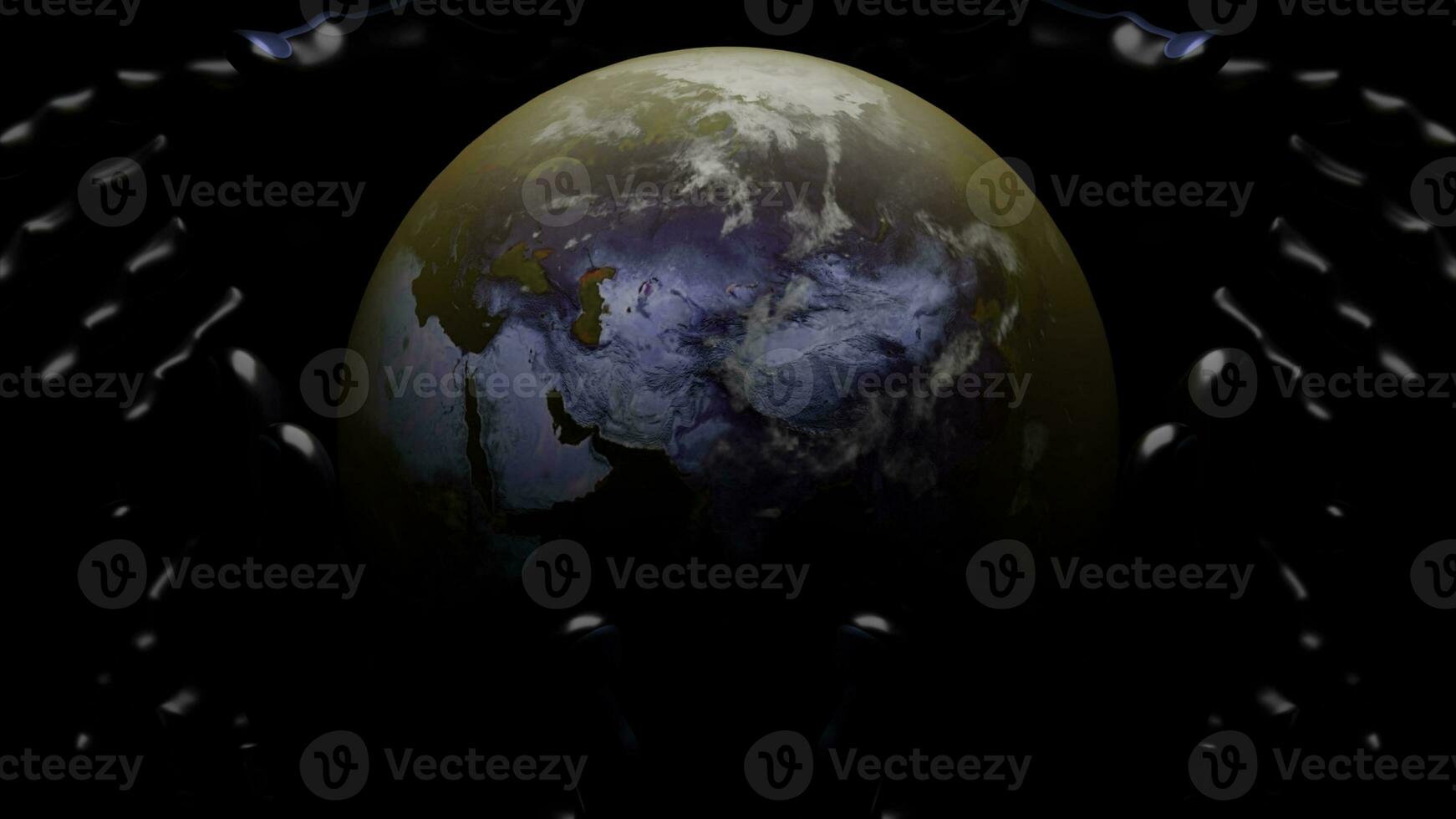 Black background with rotating planet and patterns. Design. Around its axis is a rotating planet earth made in 3D format and reflecting in different shades. photo