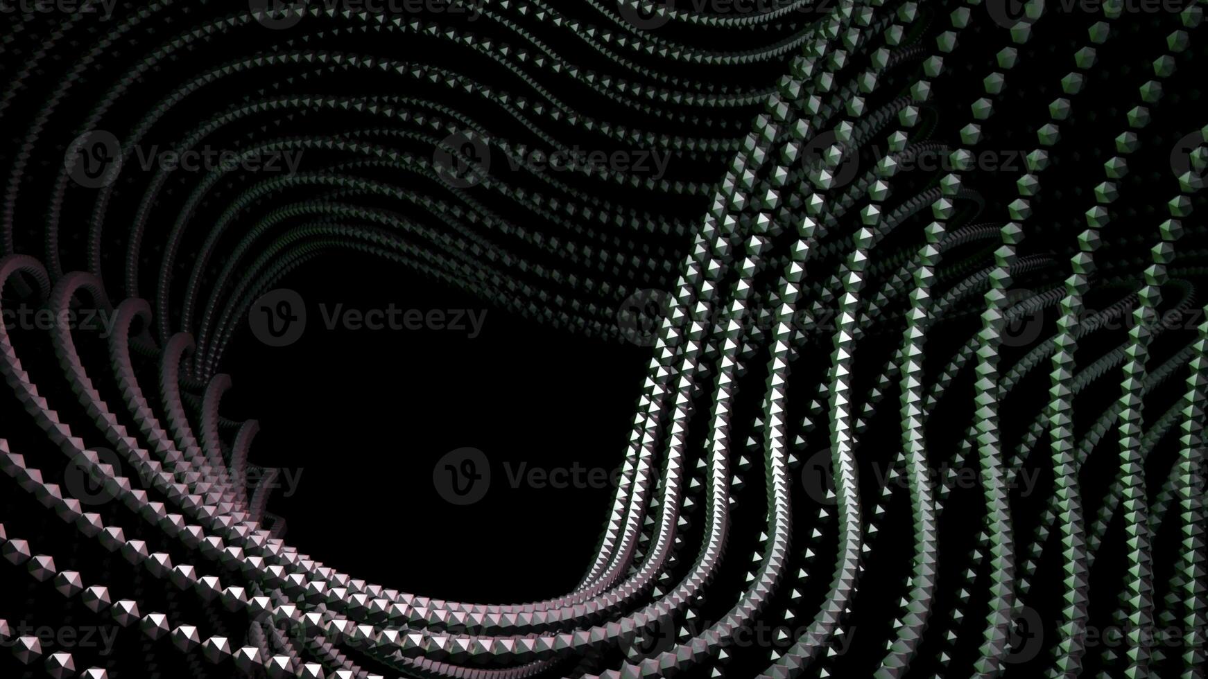 Curved 3d lines of dots move on black background. Design. Dots move in curved volumetric flow. Point flow with 3d effect and geometric curves in dark space photo