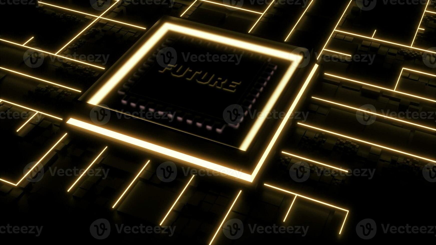 Abstract visualization of future digital technologies. Design. Glowing micro chip of a computer. photo