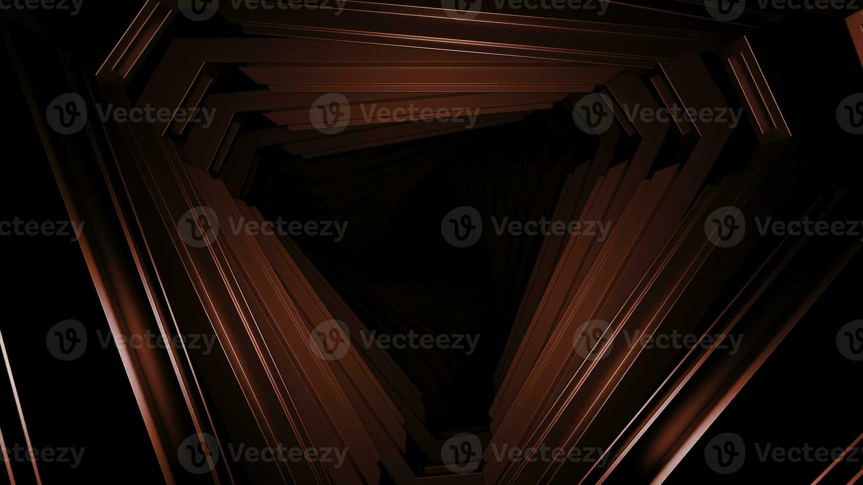 Triangular 3d tunnel. Design. Moving triangular tunnel with darkness. 3d tunnel with metal triangular walls on background of darkness photo