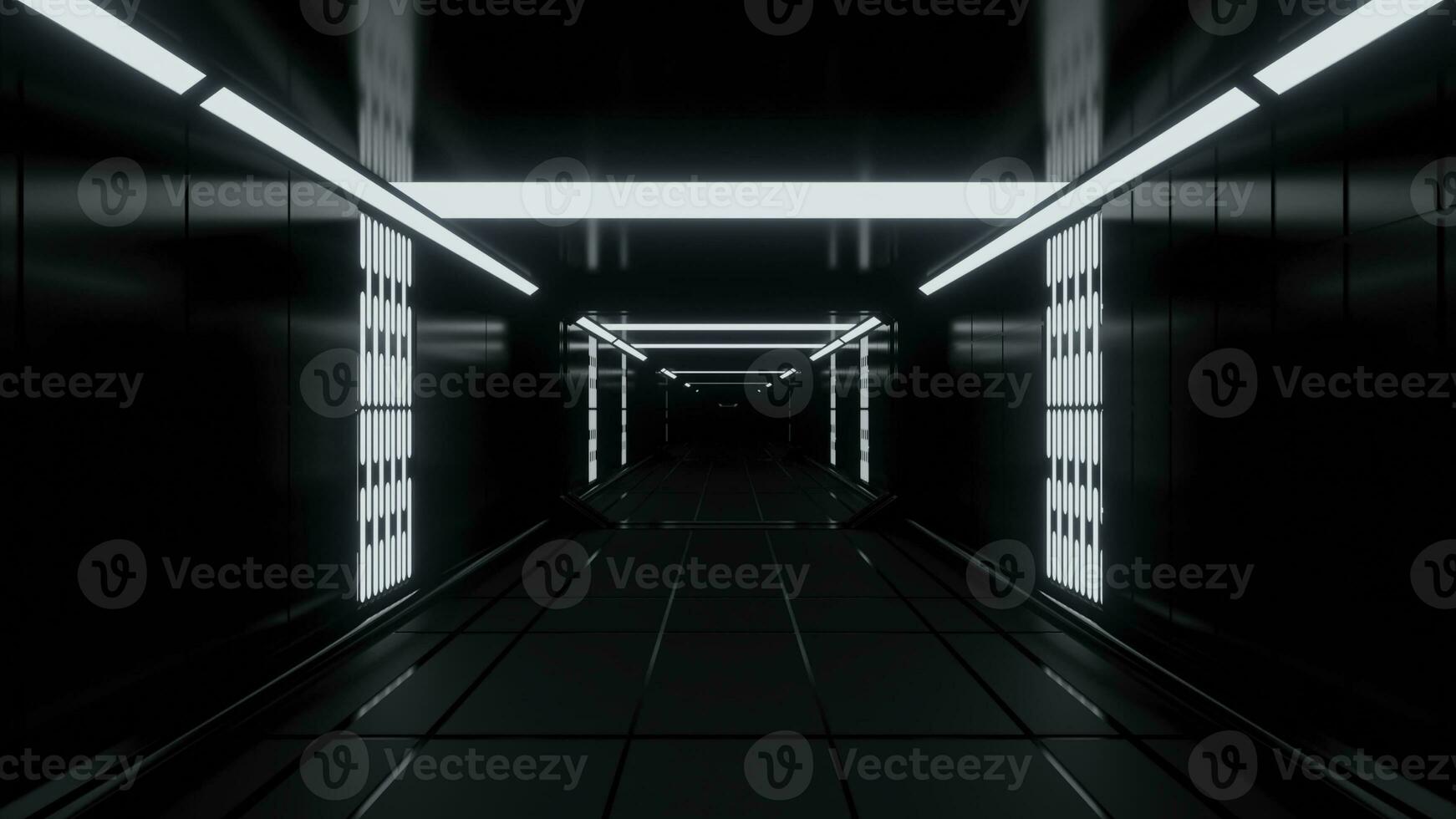 Traffic in futuristic corridor with neon lines. Design. 3D corridor with metal and neon walls. 3D corridor in futuristic or scientific style photo