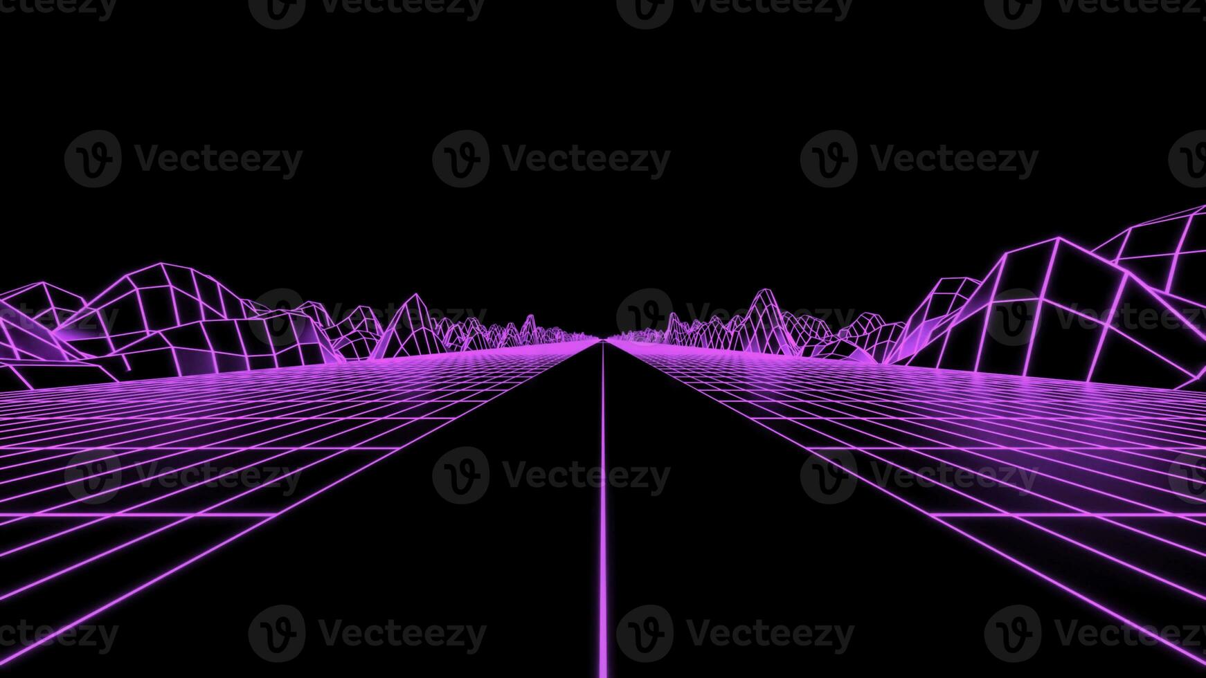 Retro-style virtual road. Design. Cyber animation with neon road and mesh hills. Futuristic animation with neon road for game racing photo