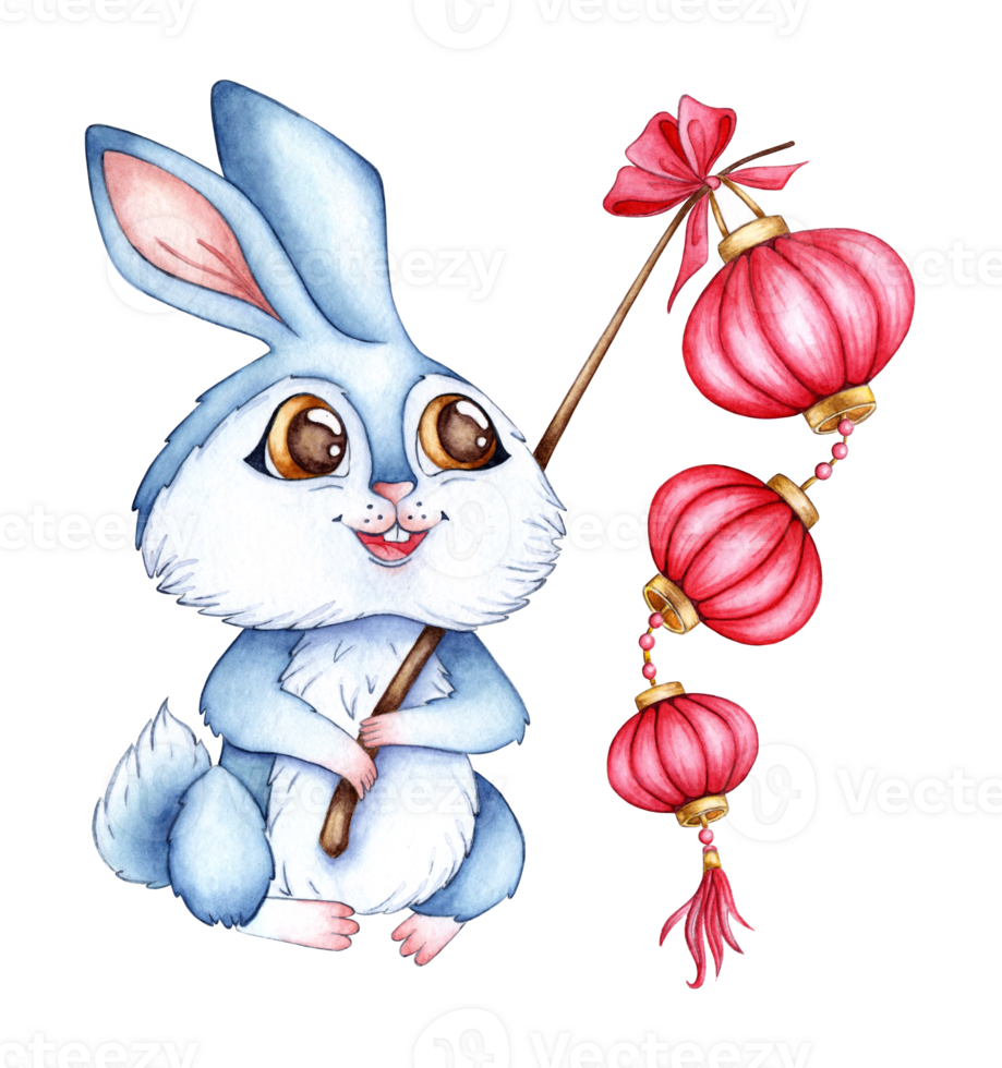 Watercolor illustration of a blue rabbit with red Chinese lanterns. Holiday, celebration, New Year. Ideal for t-shirts, cards, prints. isolated. Drawn by hand. png