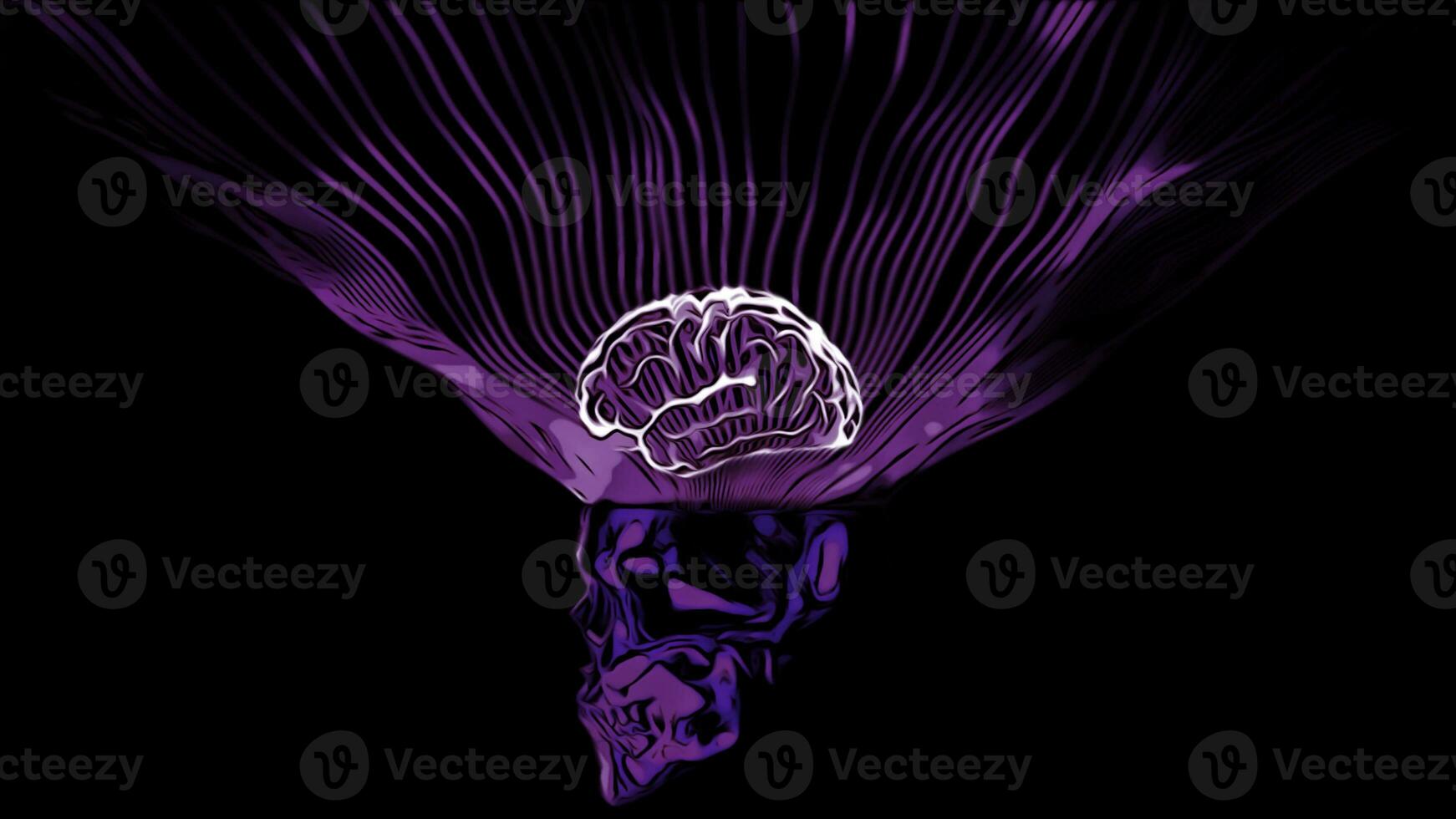 3D skull with brain illumination. Design. Bright neon brain with glow on black background. Neon animation of skull with brain photo