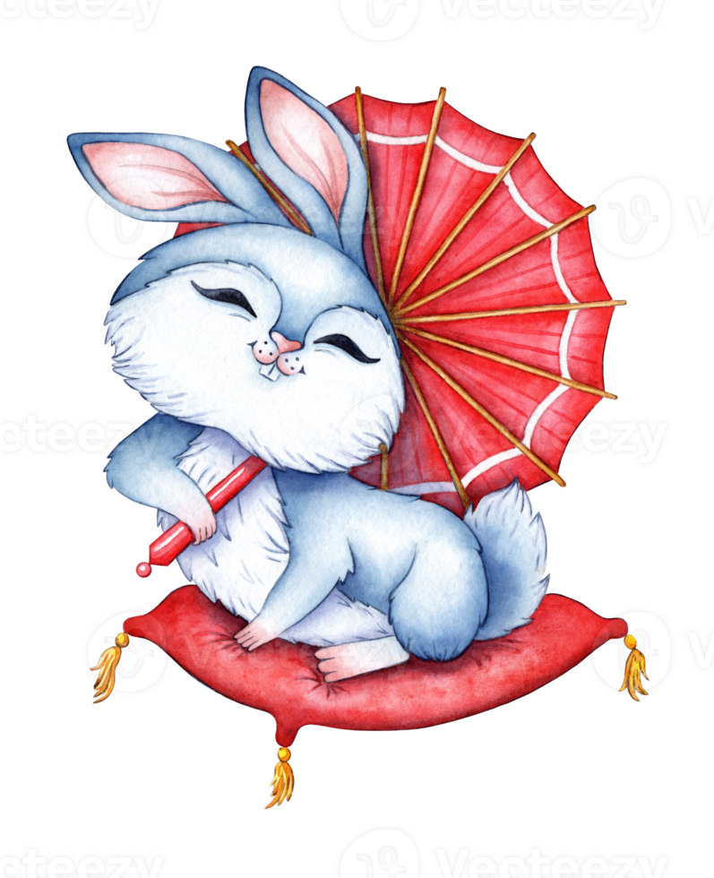 Watercolor illustration of a blue rabbit sitting on a red pillow under an umbrella. Holiday, celebration, New Year. Ideal for t-shirts, cards, prints. Isolated Drawn by hand. png