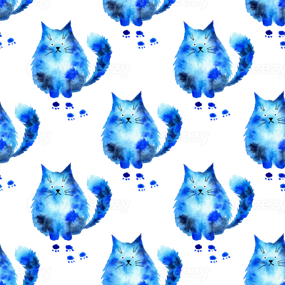 Watercolor illustration of a blue cat in the shape of a blot