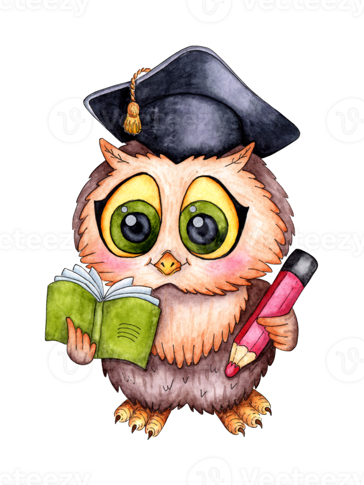Watercolor illustration owl with a notebook and a pencil. Smart owl. Back to school. Ideal for t-shirts, cards, prints. Isolated. Drawn by hand. png