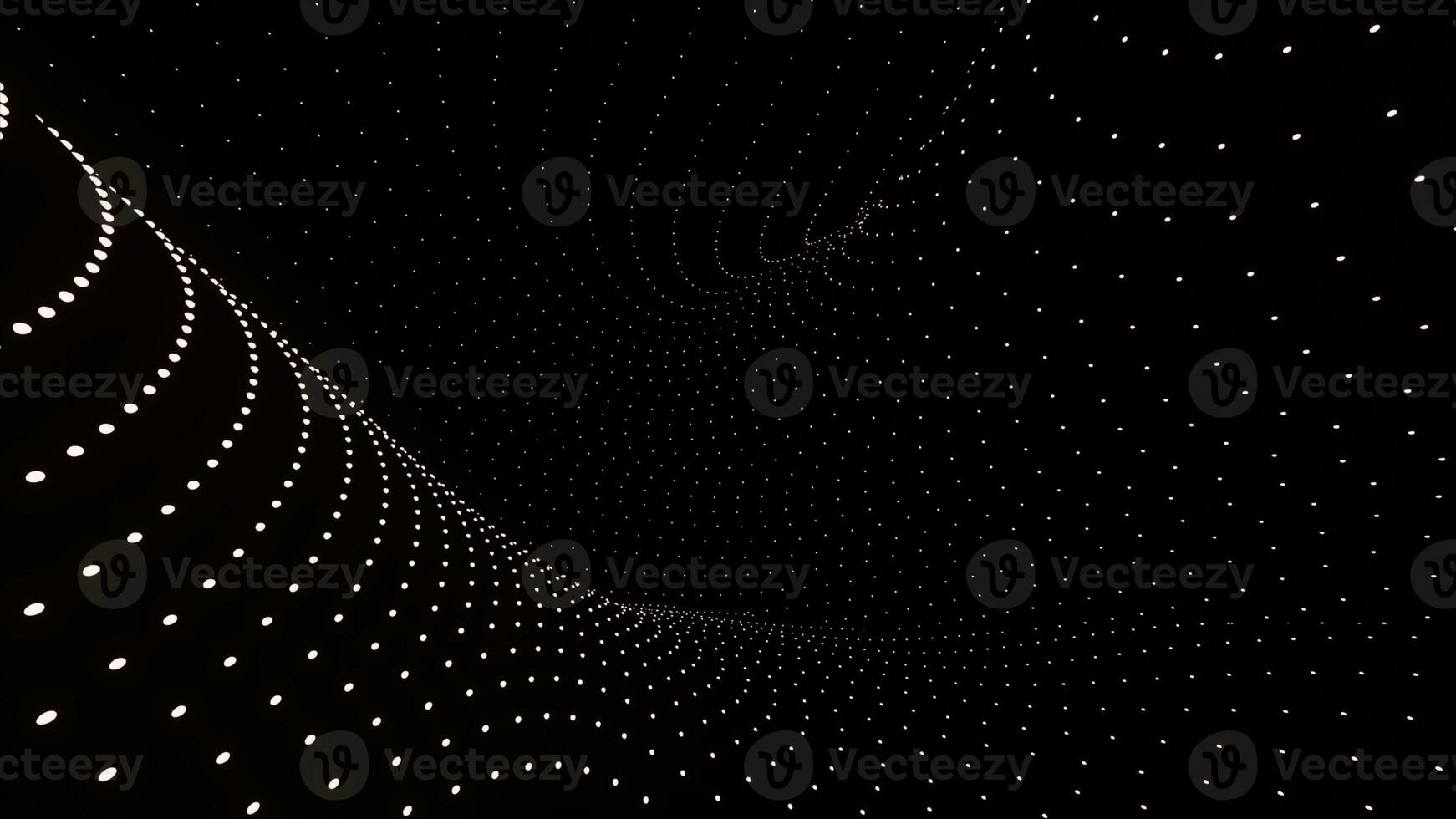 3D space with curving flow of dots. Design. Futuristic space with curving lines in flow. Dotted lines move in geometric curves on black background photo