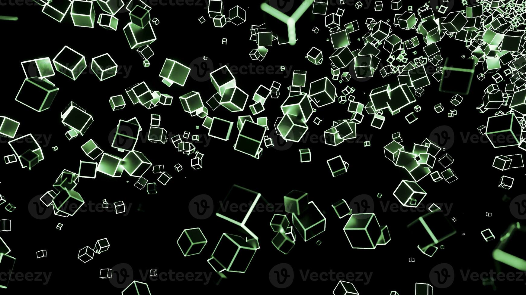 Abstract flow of cube silhouettes with white and green edges on a black background. Design. Flying 3D small figures. photo