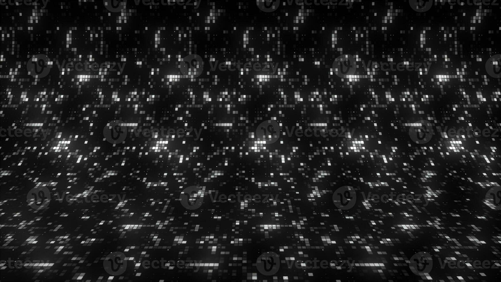 Bright shimmering squares on modern background. Motion. A lot of pixel squares glow in space. Mosaic pixel background in disco style photo