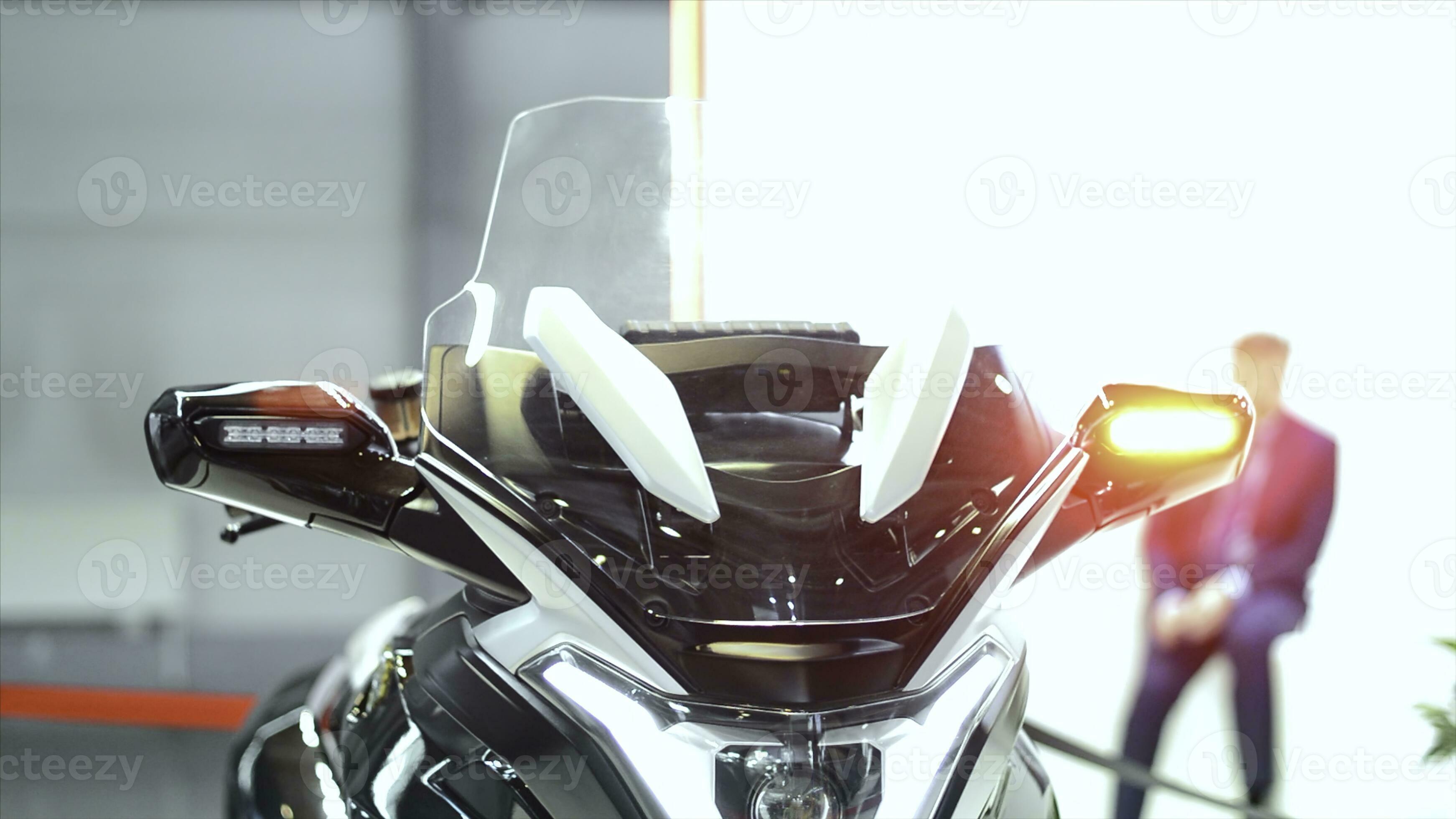 Closeup of police flashing lights on motorcycle. Motion. Bright flashing lights on new