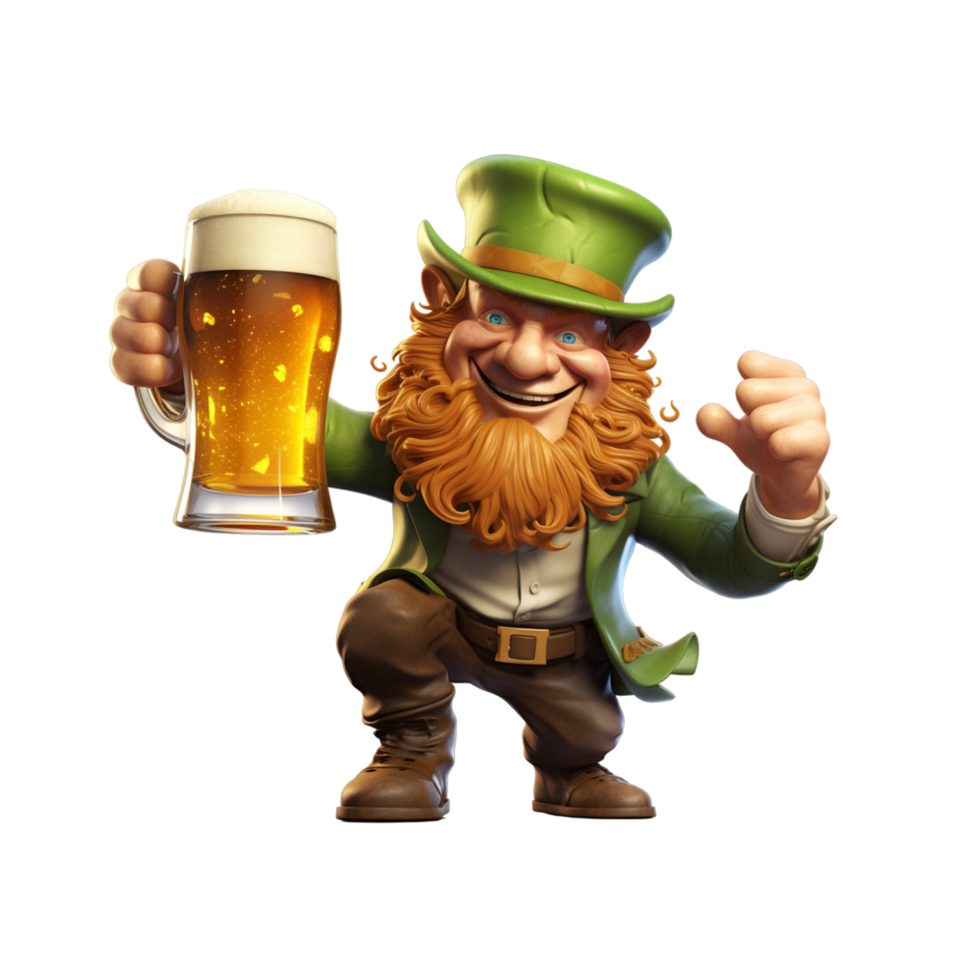 ai généré 3d rendre de lutin homme en portant Bière verre et copie espace. st. patrick's journée concept png