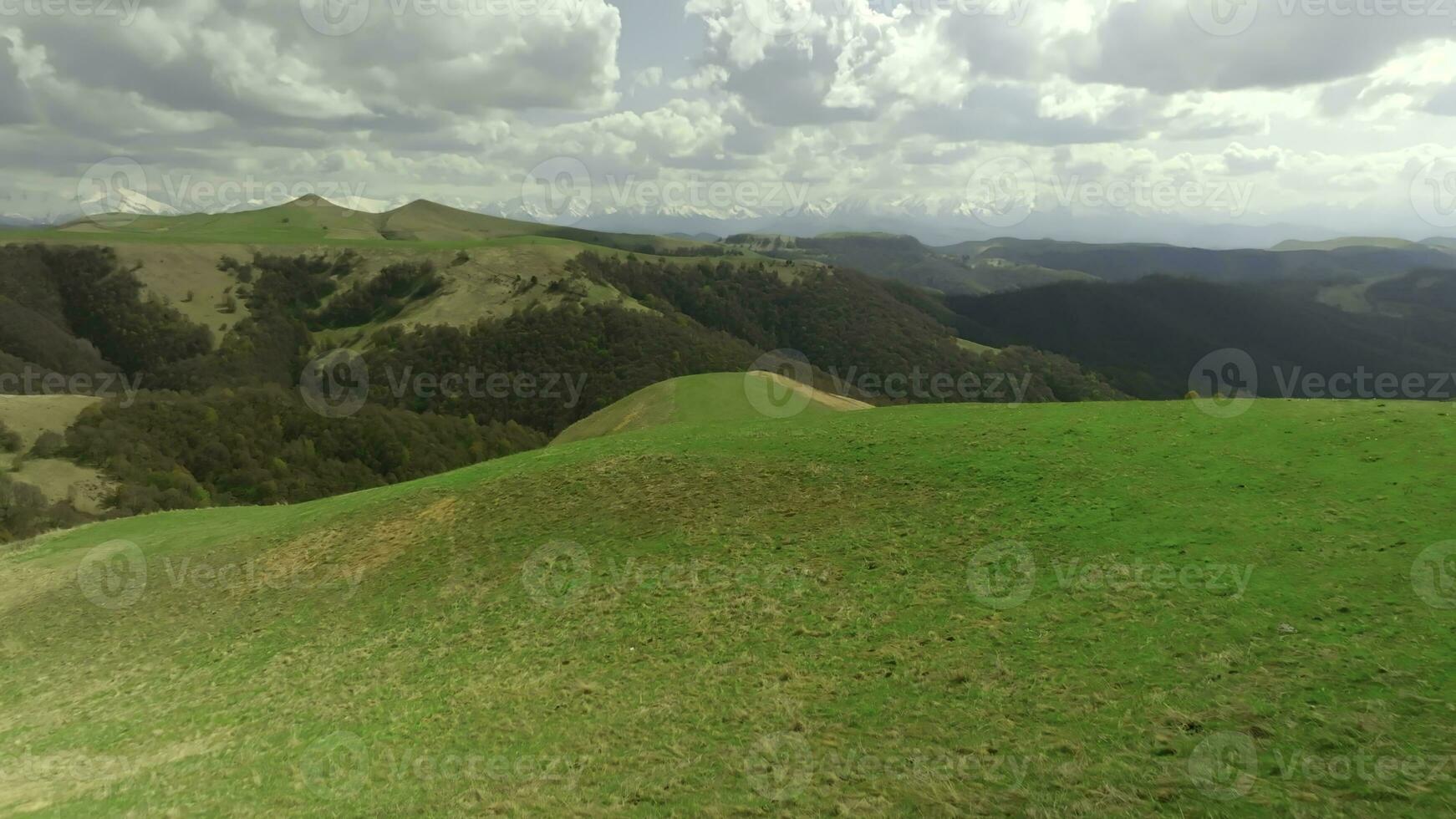 Top view of hills with green grass and sparse forest. Shot. Beautiful landscape with panorama of mountain hills and green grass on sunny summer day. Hills with green grass and sparse forest on photo