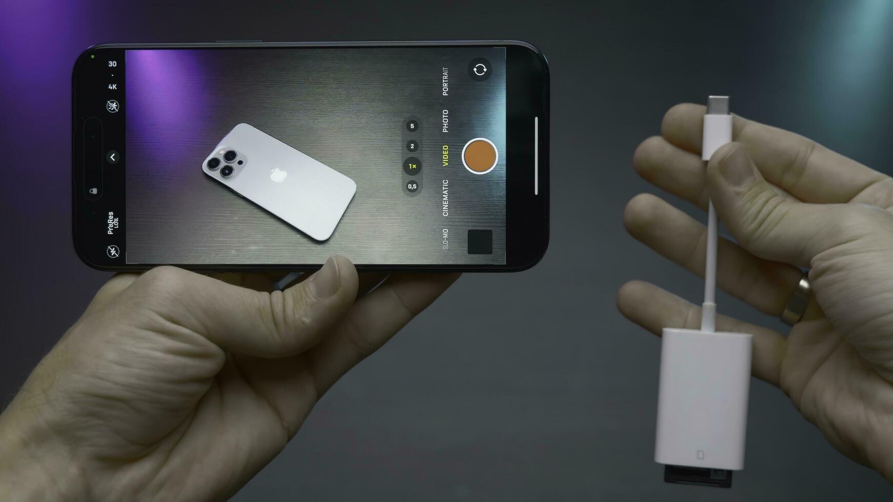 China, Beijing - September 15, 2023. External drive for phone. Action. External memory card for new iPhone 15 pro. External storage disk for shooting videos and photos in new iPhone