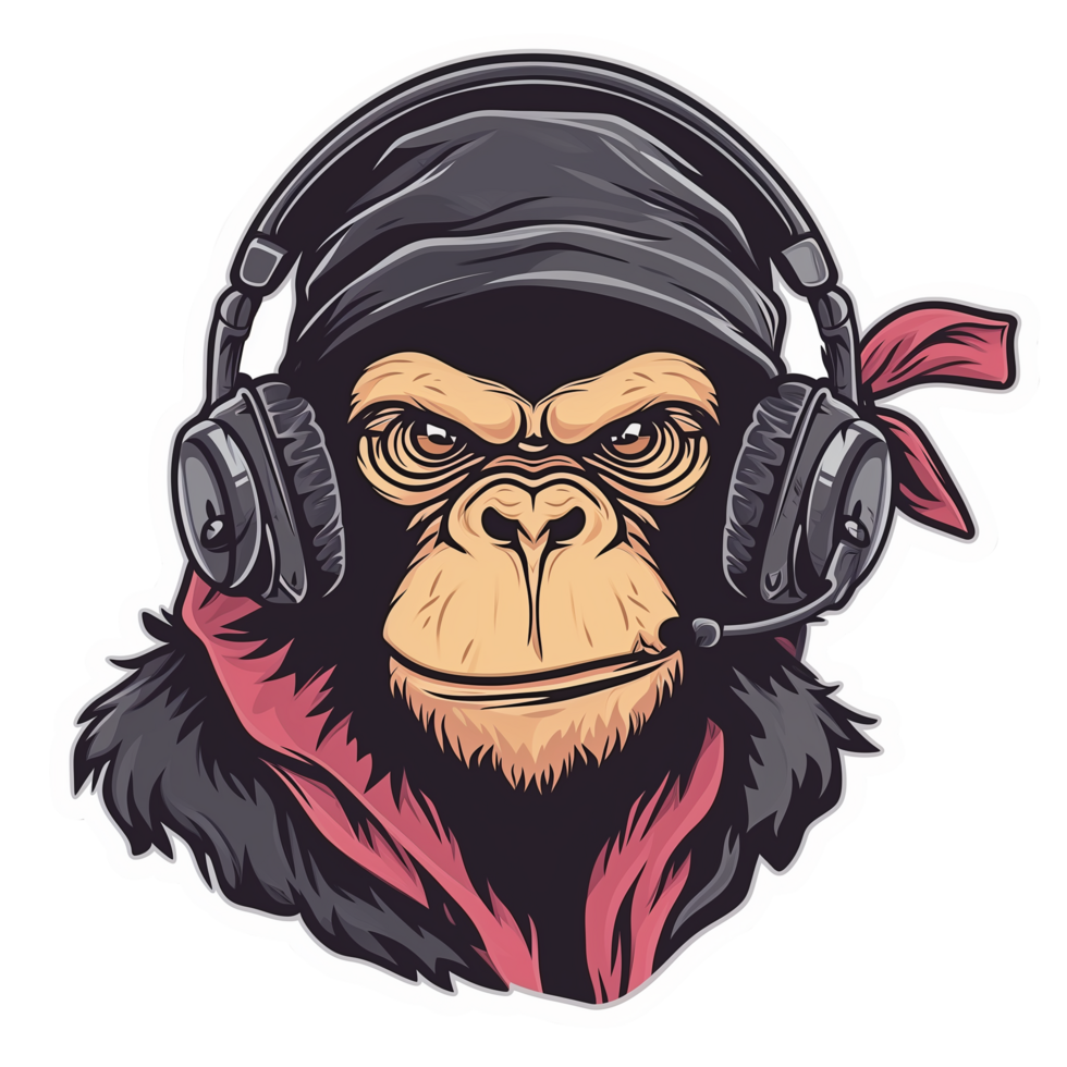 AI generated sfree sticker of a cool illustrated monkey wearing headphones png