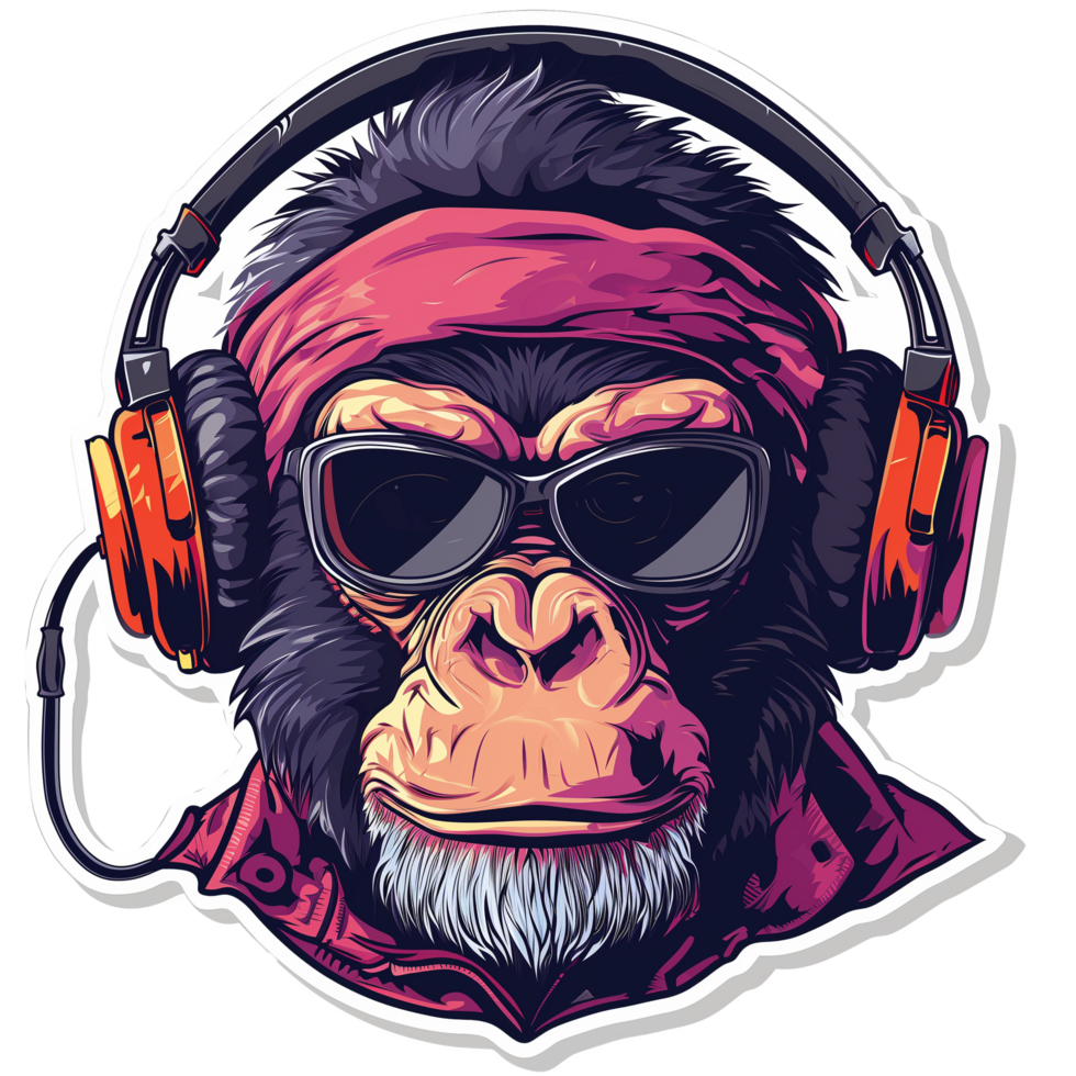 AI generated sfree sticker of a cool illustrated monkey wearing headphones png