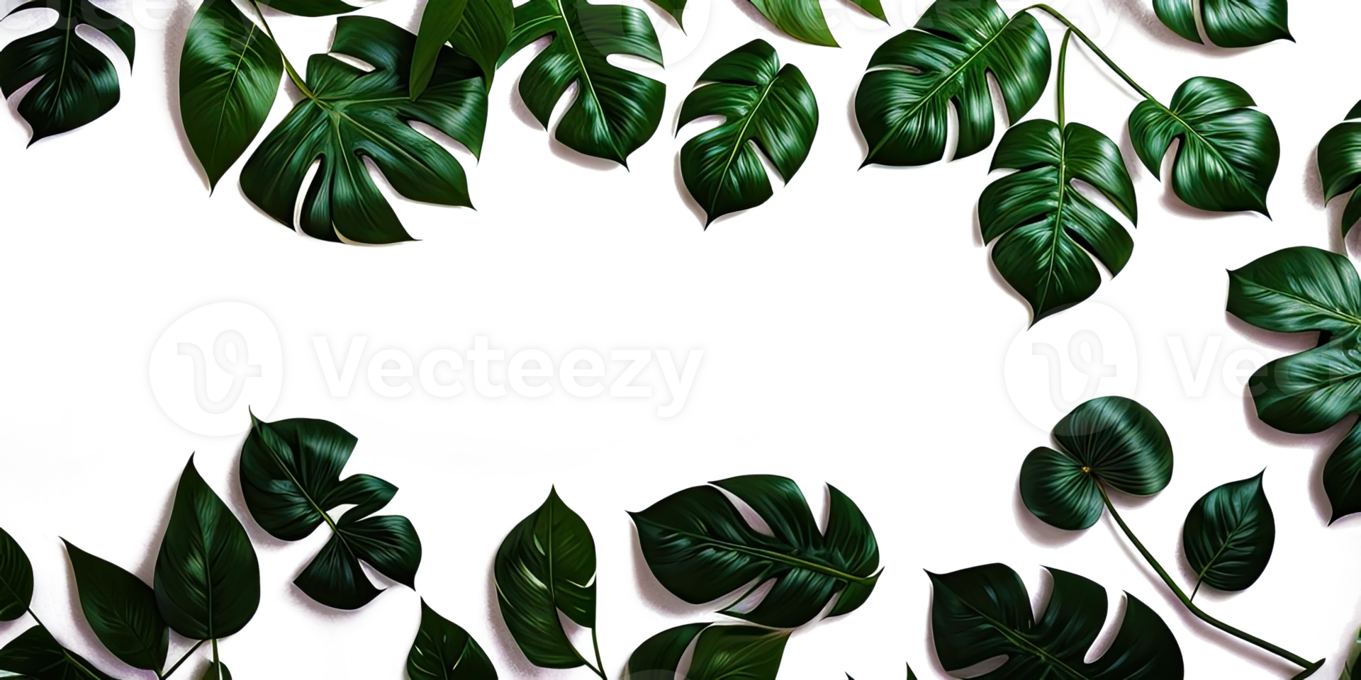AI generated Template design tropical green leaves on transparent background. Generative AI. png