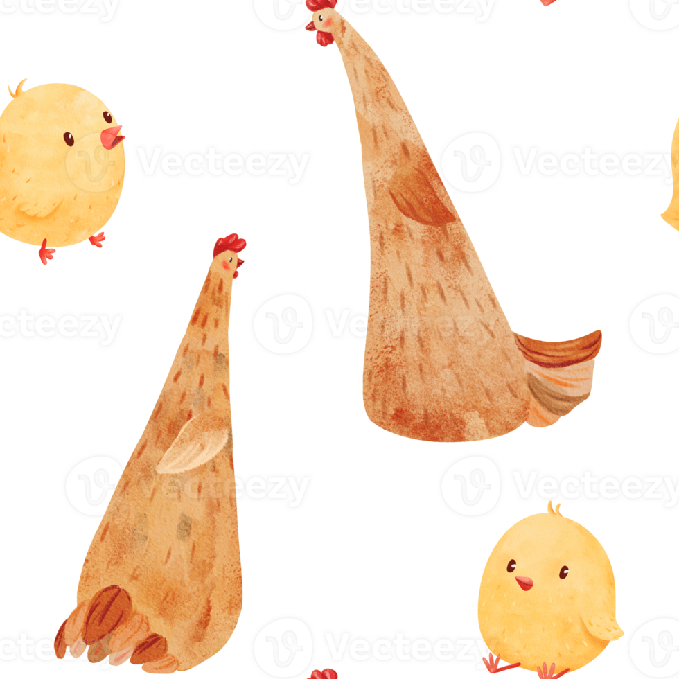 seamless pattern showcasing adorable chicks and a friendly hen, watercolor. spring and farm life, for children's illustrations, for applications like textiles, children's stationery, and more png