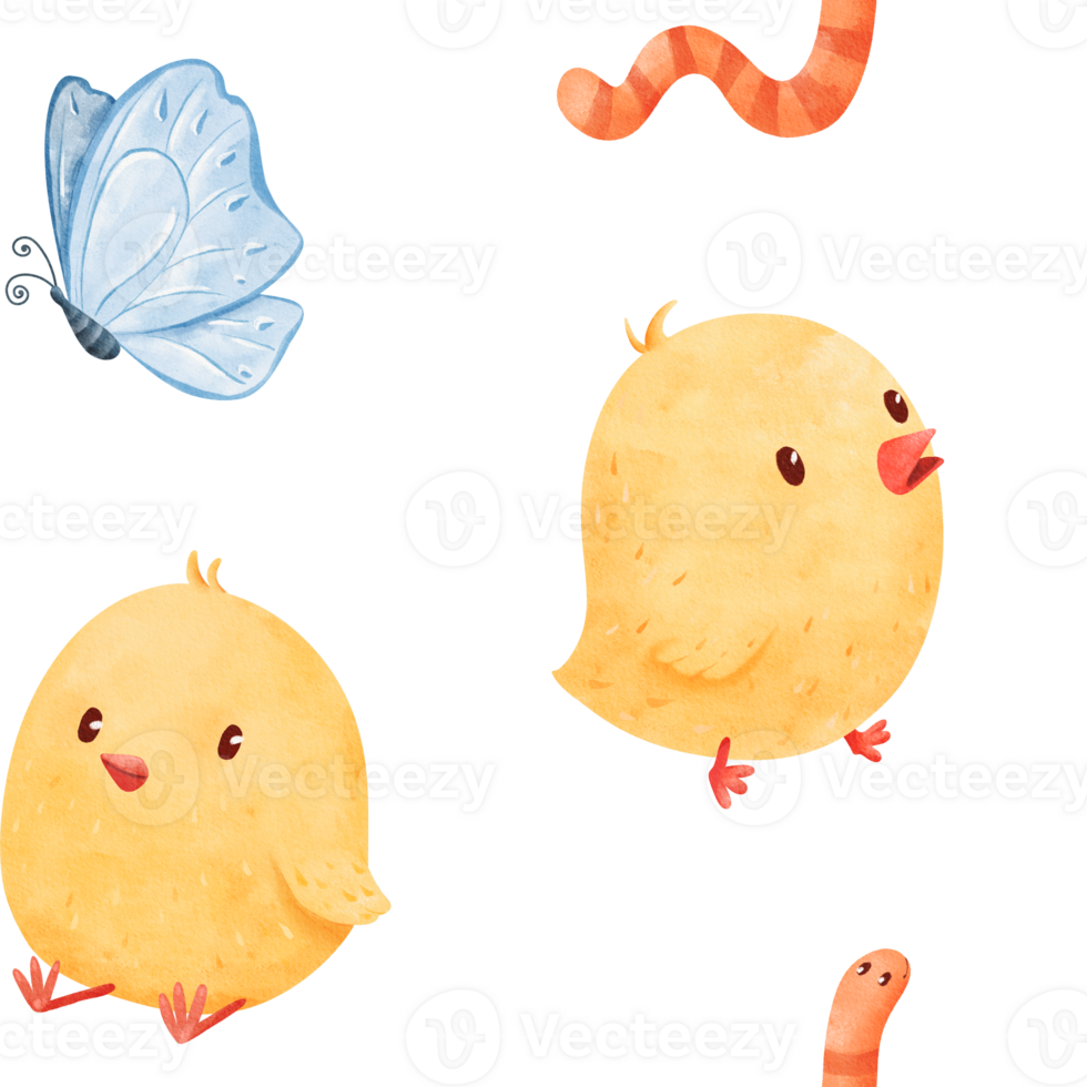 seamless pattern adorable chicks, a curious worm, and a fluttering butterfly. spring, watercolor is for children's illustrations. for various applications, from textiles to children's stationery png
