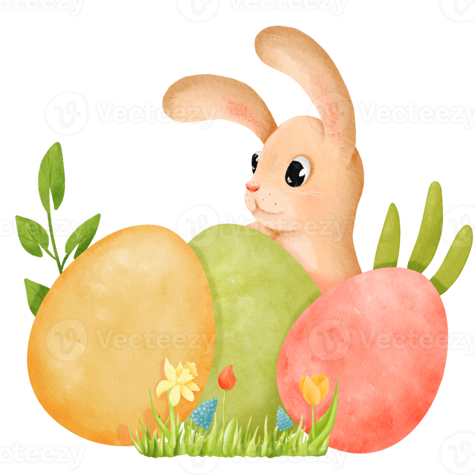 watercolor Easter composition. a charming bunny, vibrant dyed eggs, lush grass, and blossoming spring flowers. for creating festive Easter-themed designs, invitations, and joyful illustrations png