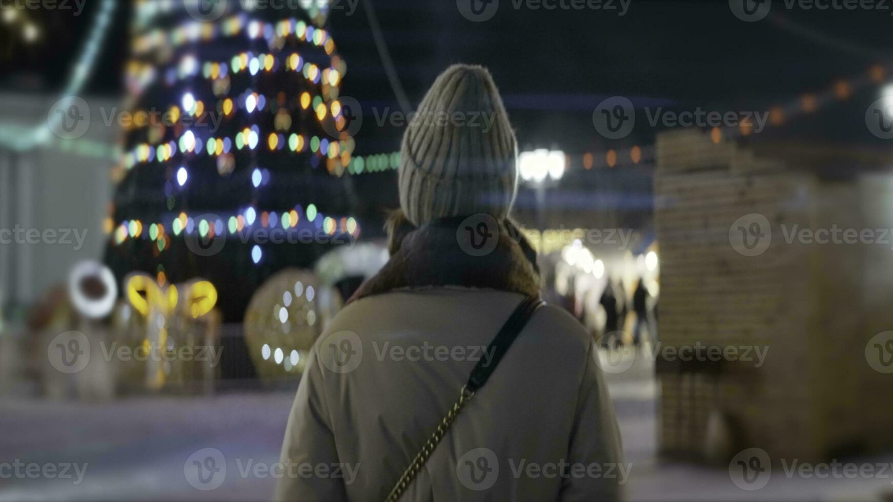 Beautifully decorated city square for New year and Christmas. Action. Rear view of a woman inviting with a gesture on the decorated streets and squares of the night city. photo
