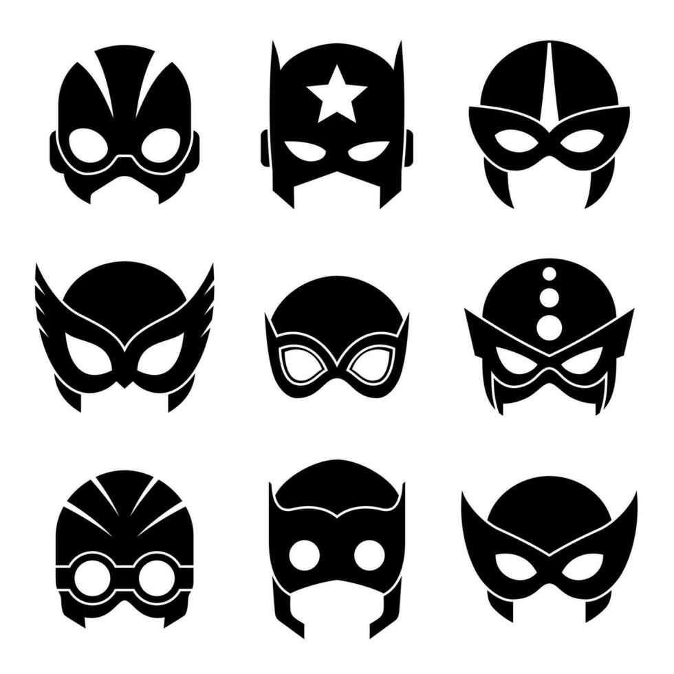 Super hero masks set black icons. Superhero face masque and masking cartoon character. Comic book mask collection. Heroic or savior vector illustration