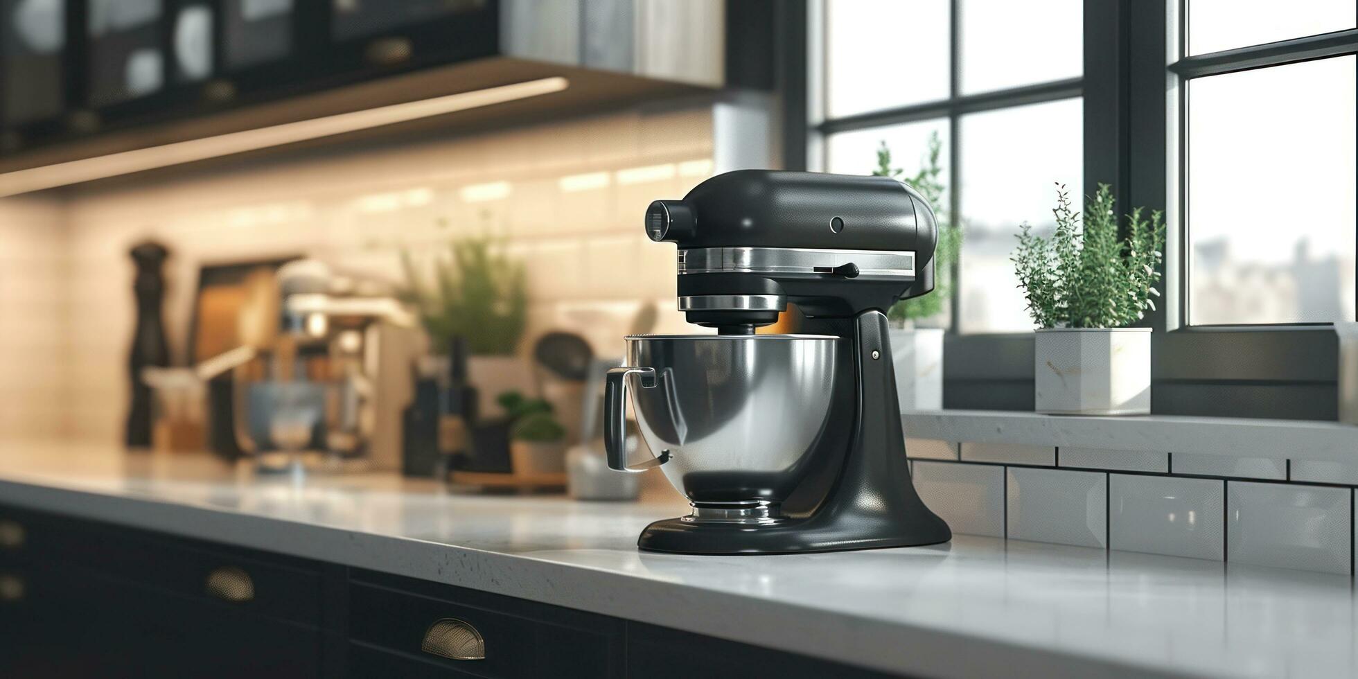 AI generated the kitchen mixer is in a black cupboard photo