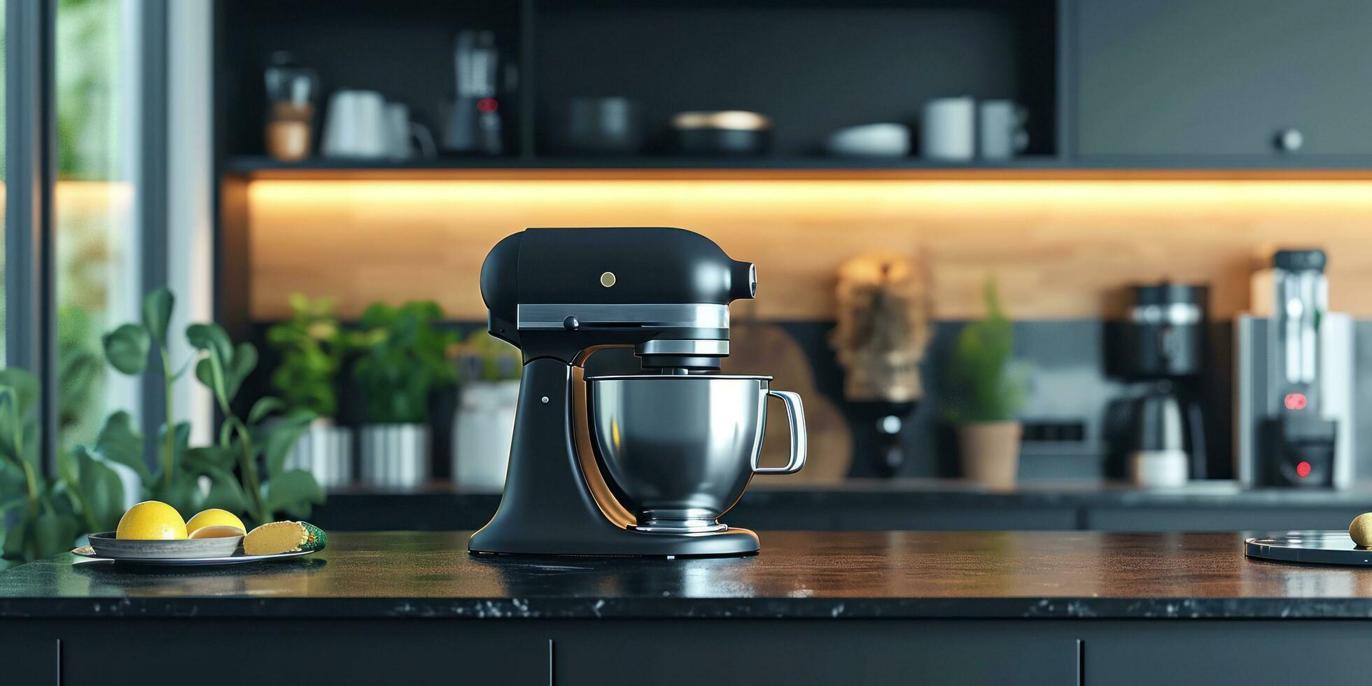 AI generated the kitchen mixer is in a black cupboard photo