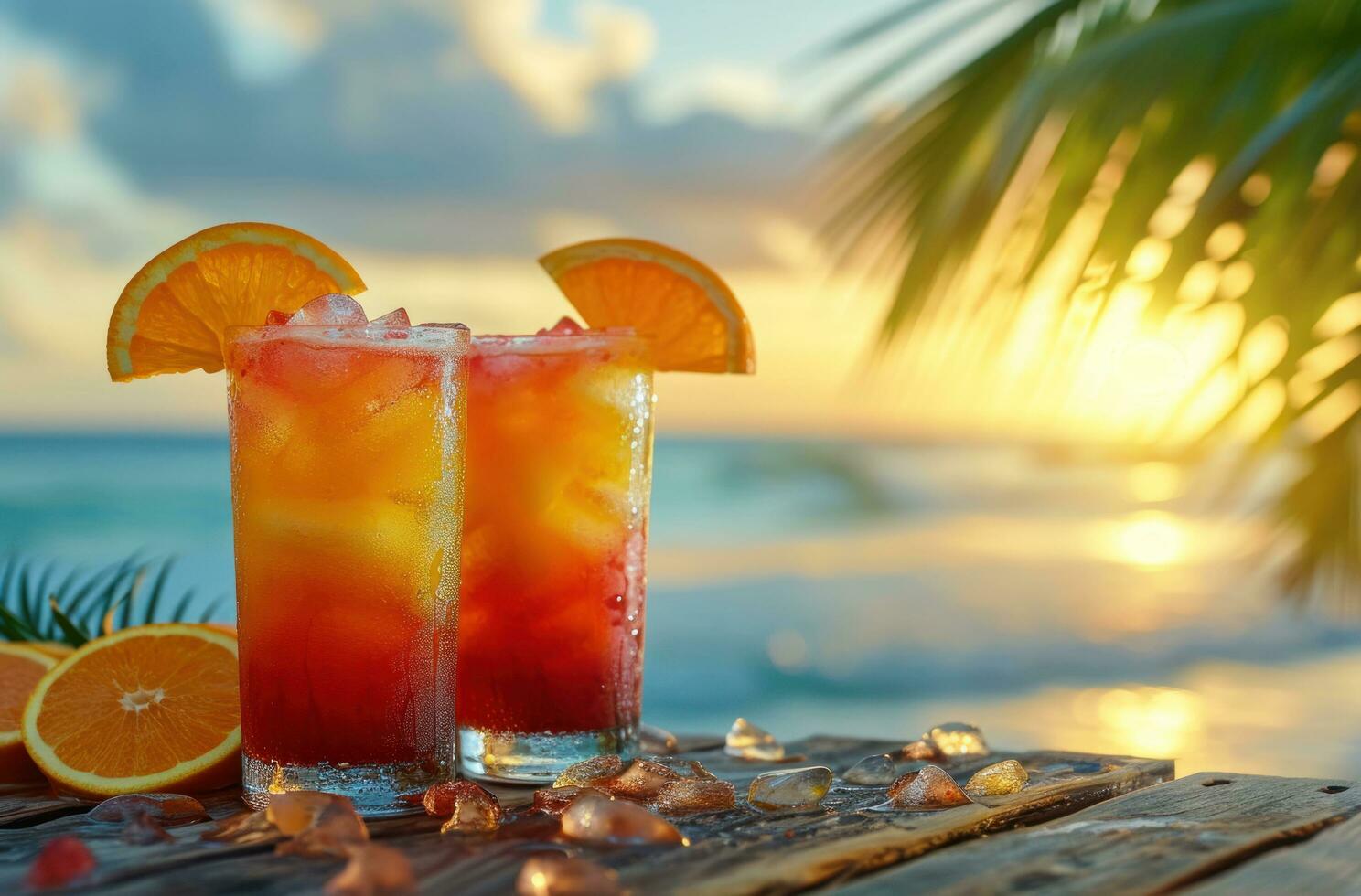 AI generated tropical sweet cocktails on wooden table photo