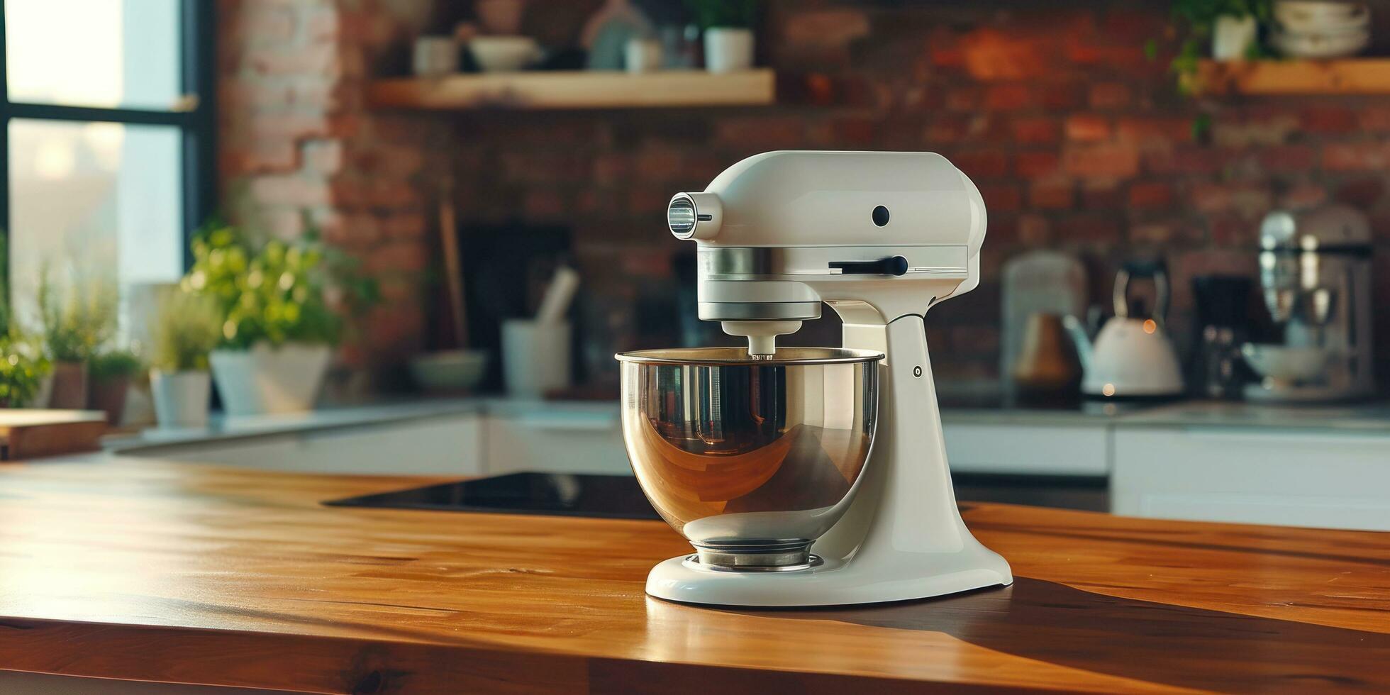 AI generated kitchen beater mixer on wooden table in kitchen photo