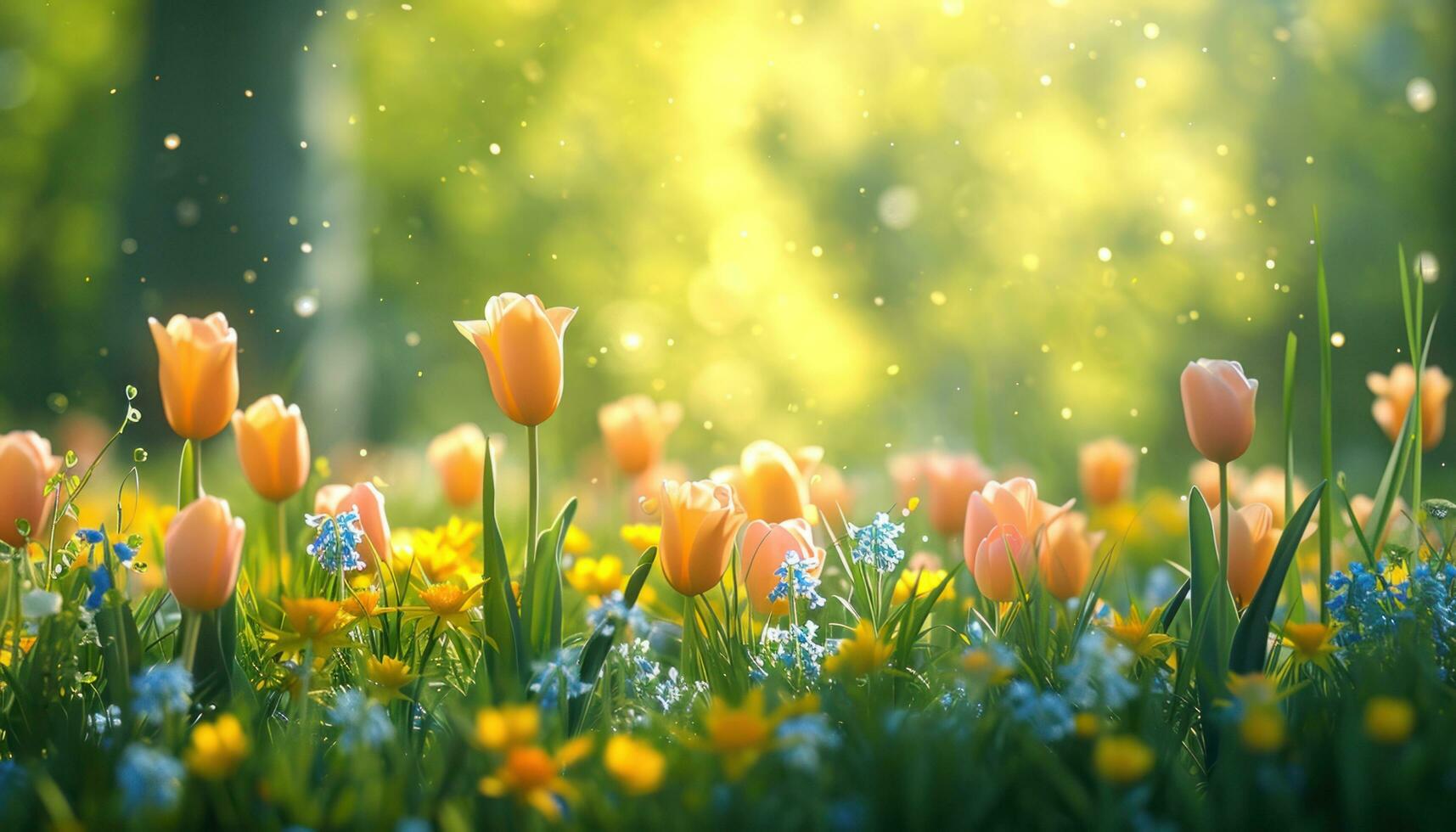 AI generated tulips, bluebells, daffodils, daisy, grass and green leaves frameless landscape background photo