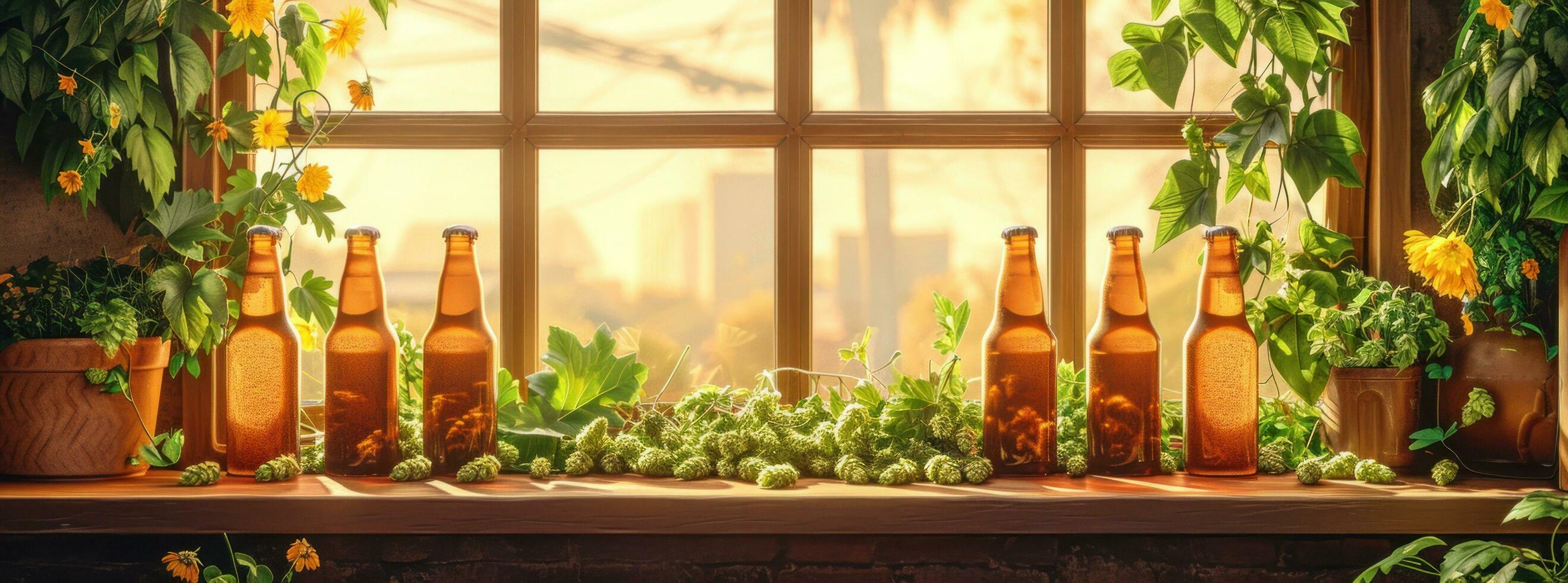 AI generated several brown bottle sitting next to some hops photo