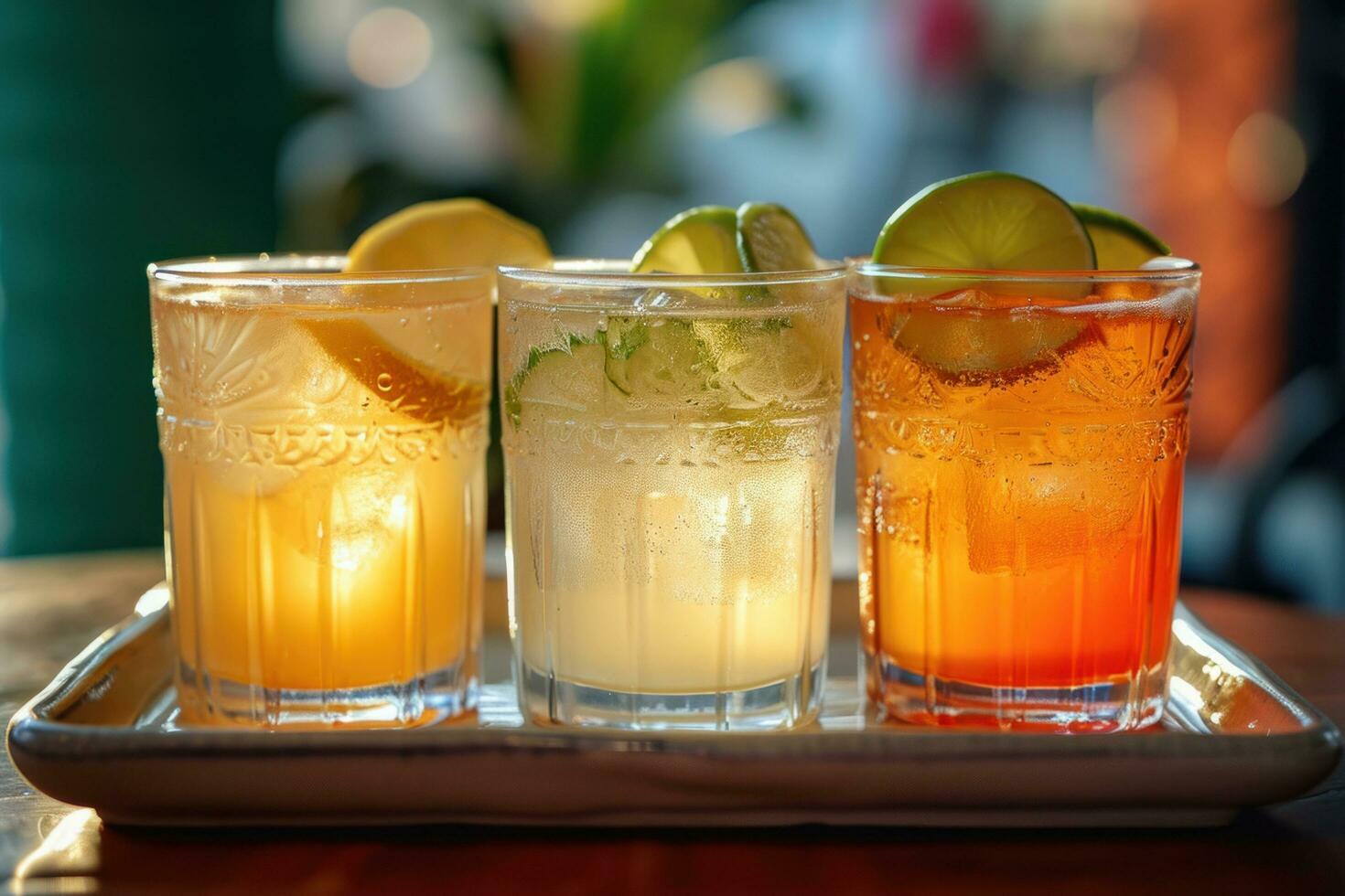 AI generated three glasses of lemonade sitting on a white tray photo