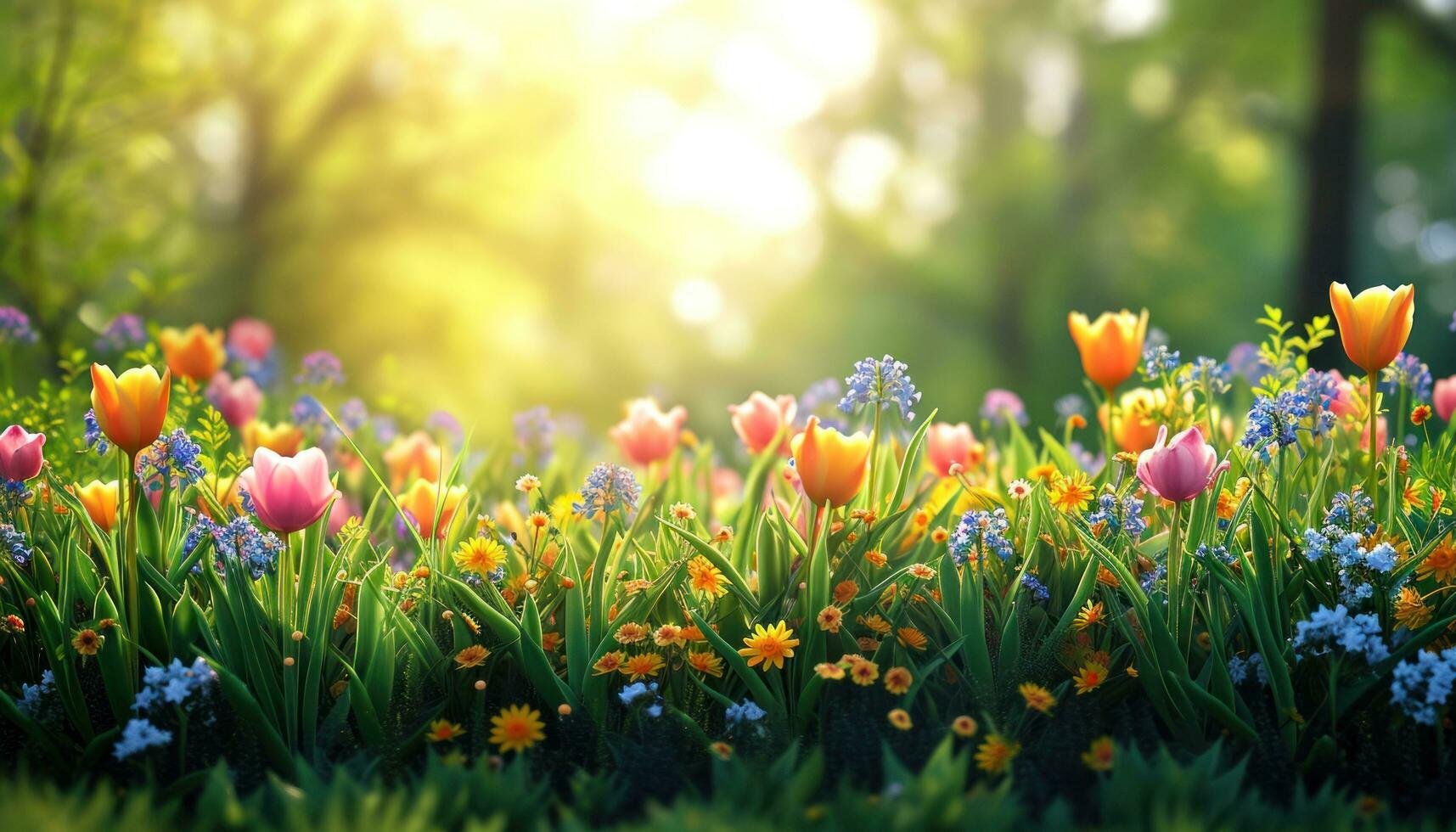 AI generated tulips, bluebells, daffodils, daisy, grass and green leaves frameless landscape background photo